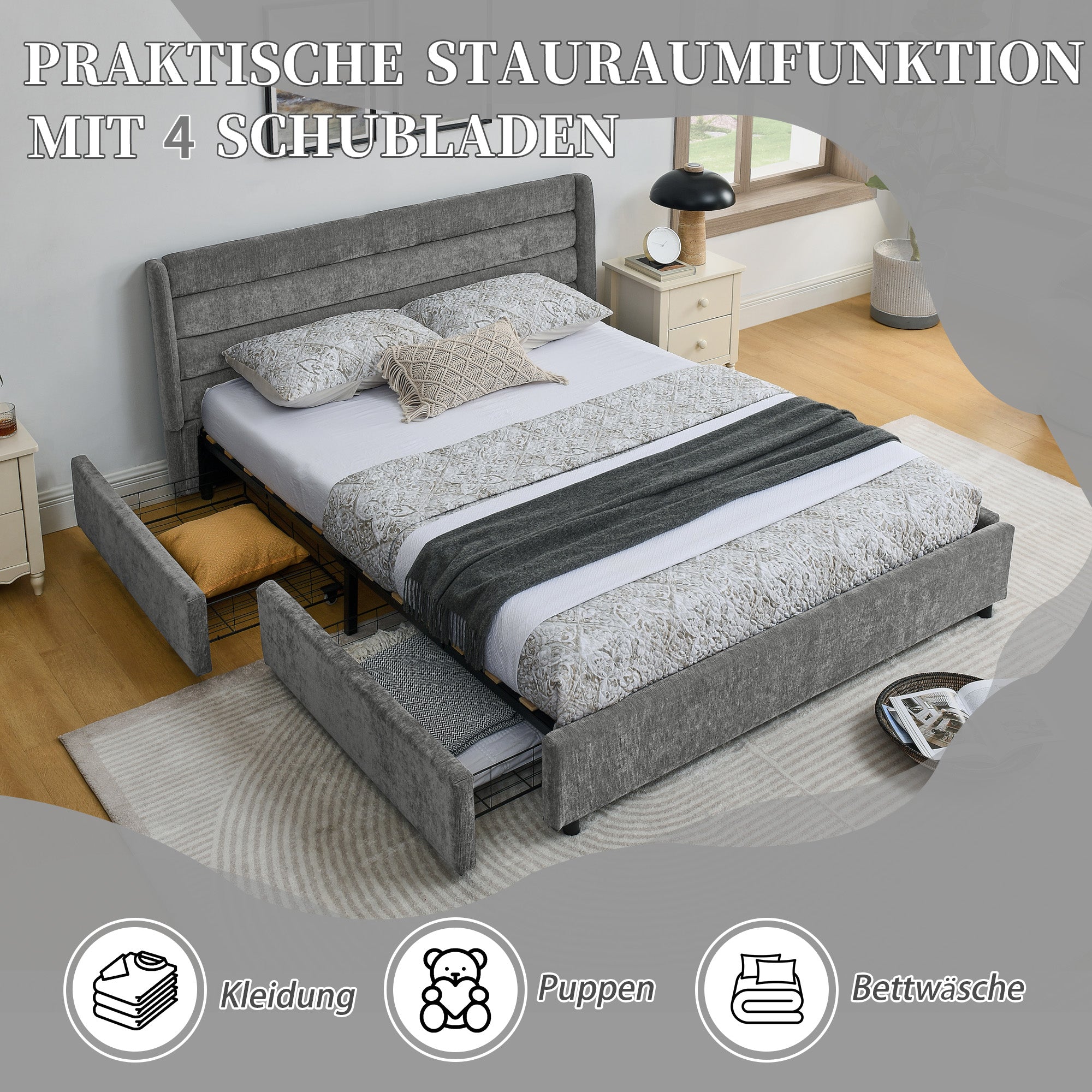 Double Bed 160x200cm with 4 Large Storage Drawers, Dark Grey Chenille