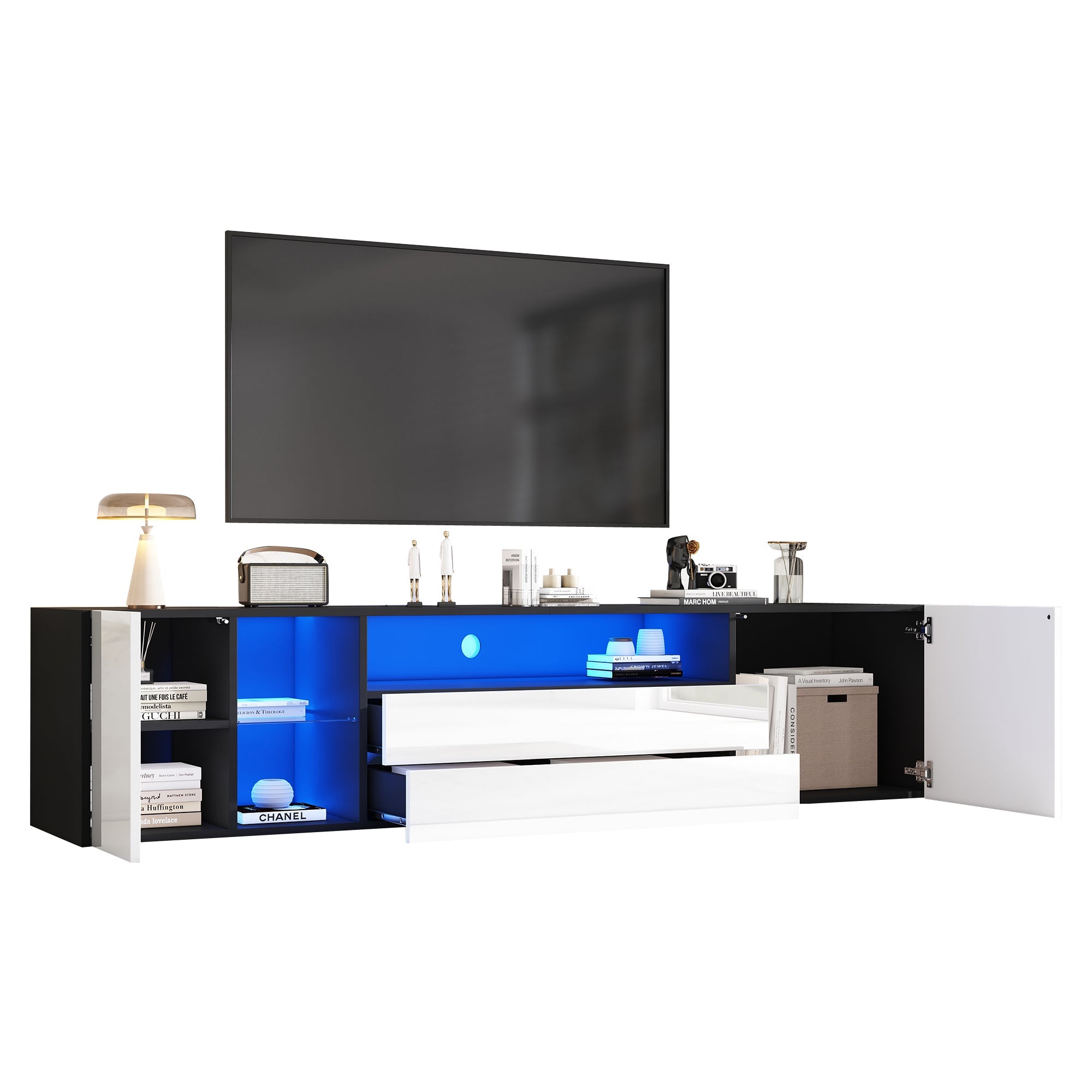 TV Stand Cabinet, 180x40x45cm LED Lowboard with 2 Drawers & 2 Cabinets for 75-inch TVs, Black and White