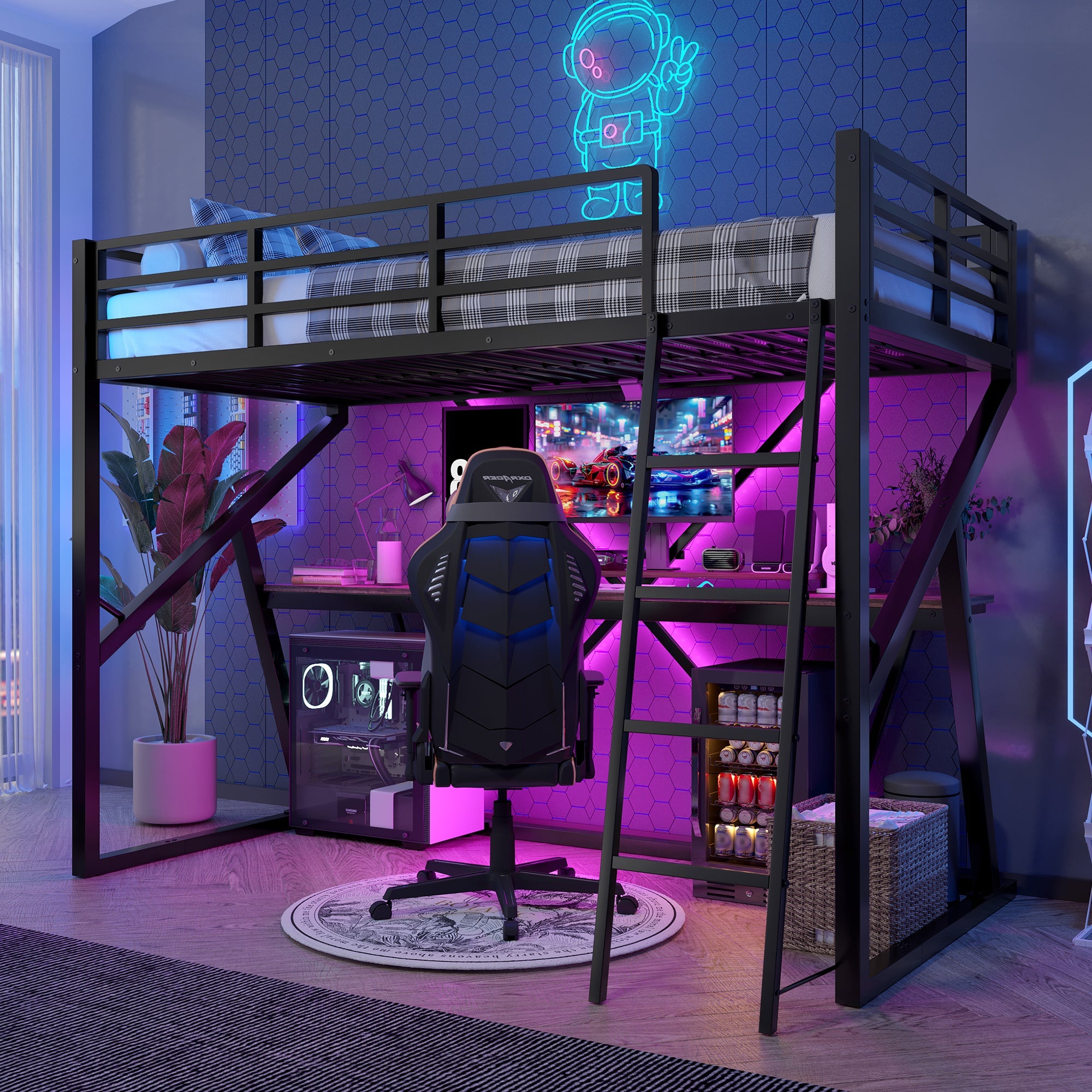 Loft Bed 90x200cm LED Strip Desk Iron Frame Black