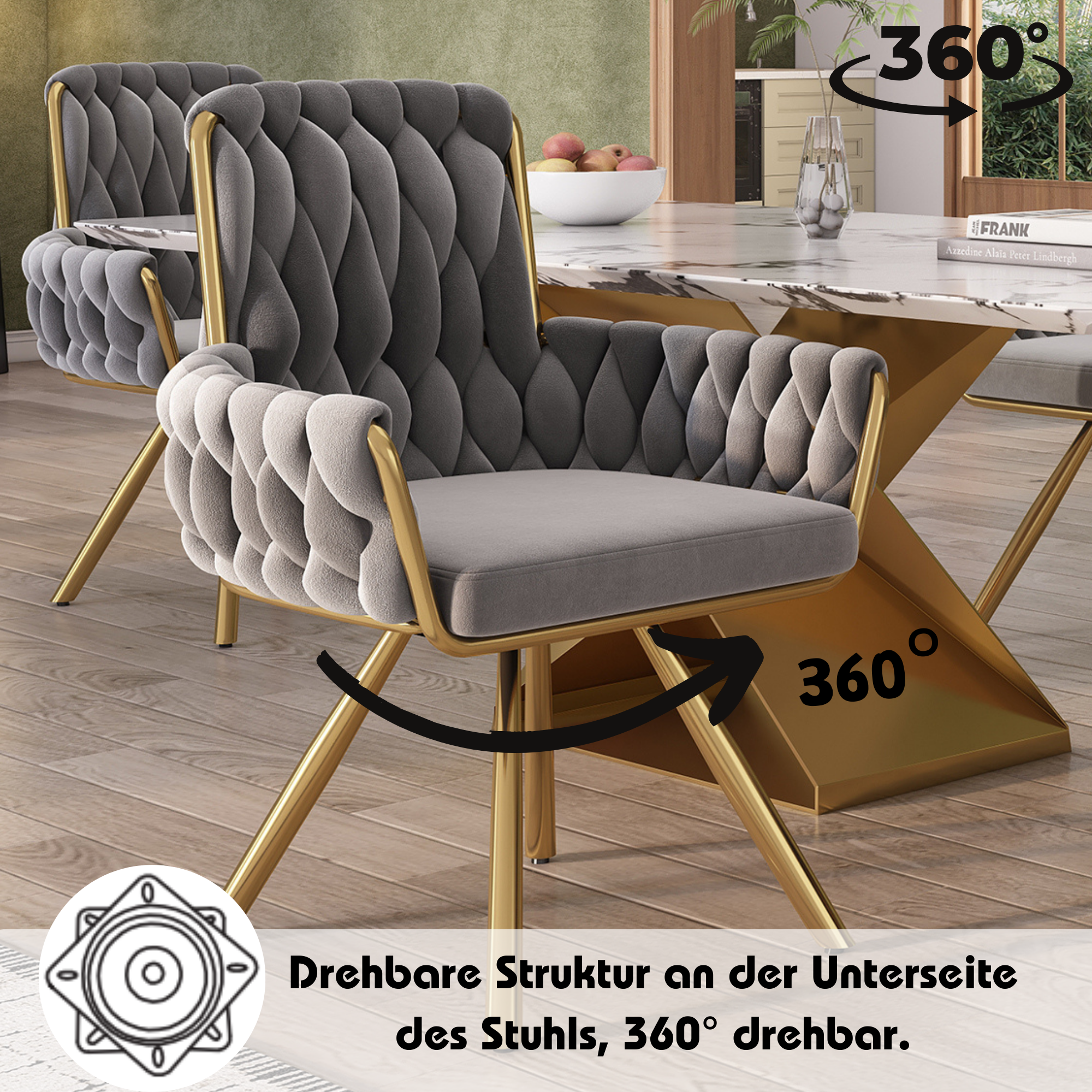 Velvet Dining Chair, Luxury Swivel Armchair with Four Metal Support Legs, Grey