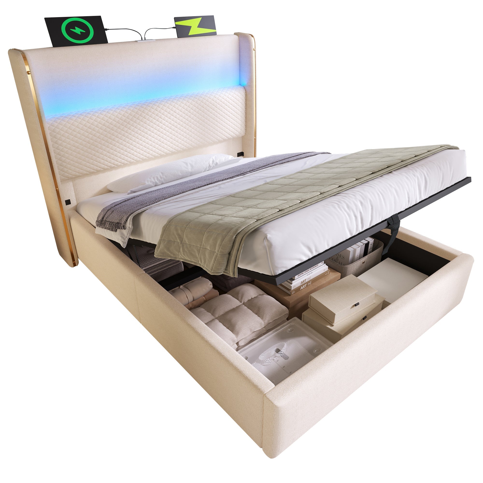 Modern Hydraulic Bed, 90x200cm Single, LED/USB Storage, Linen Look Beige