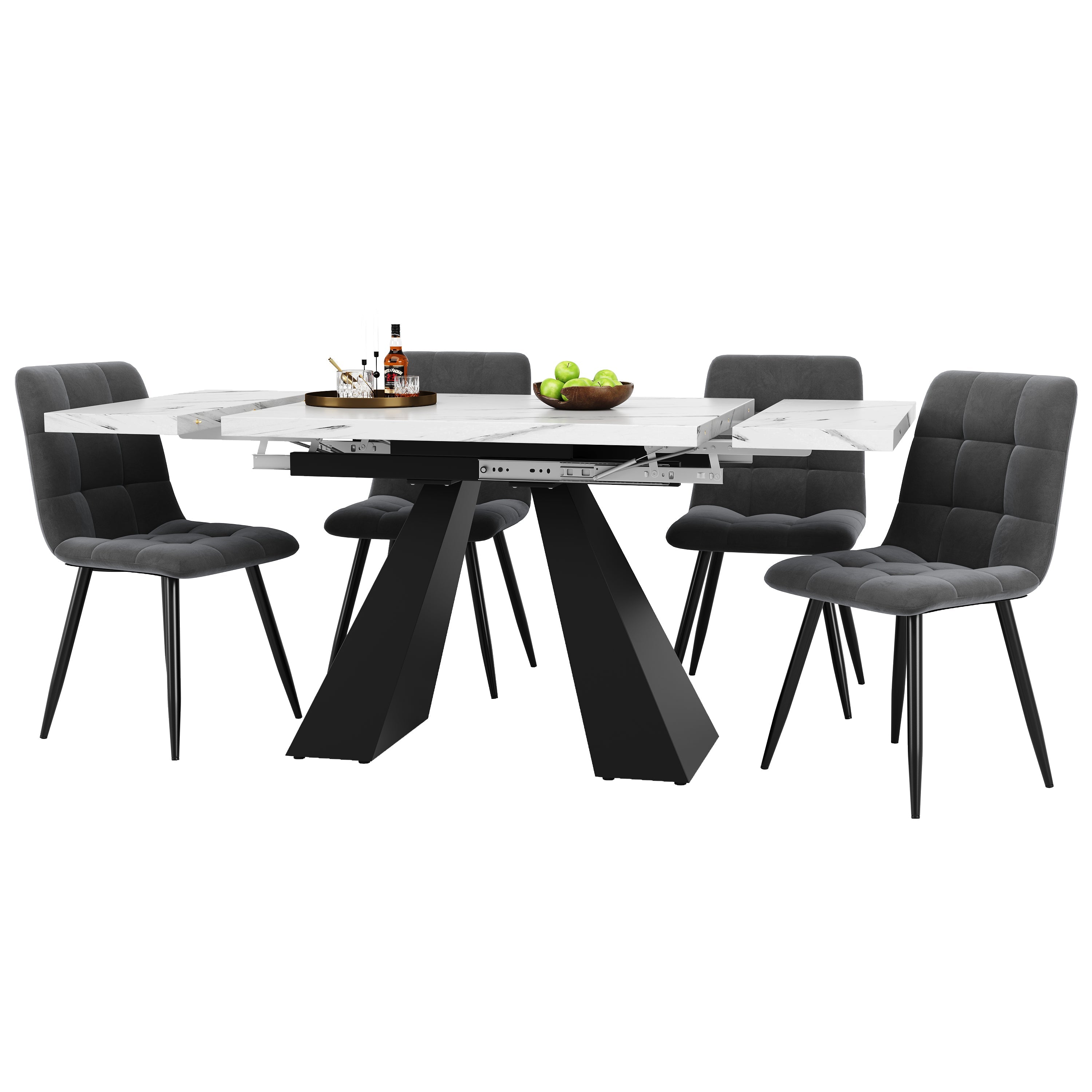 Dining Set 5-Piece Extendable Table 4 Velvet Chairs - White/Grey