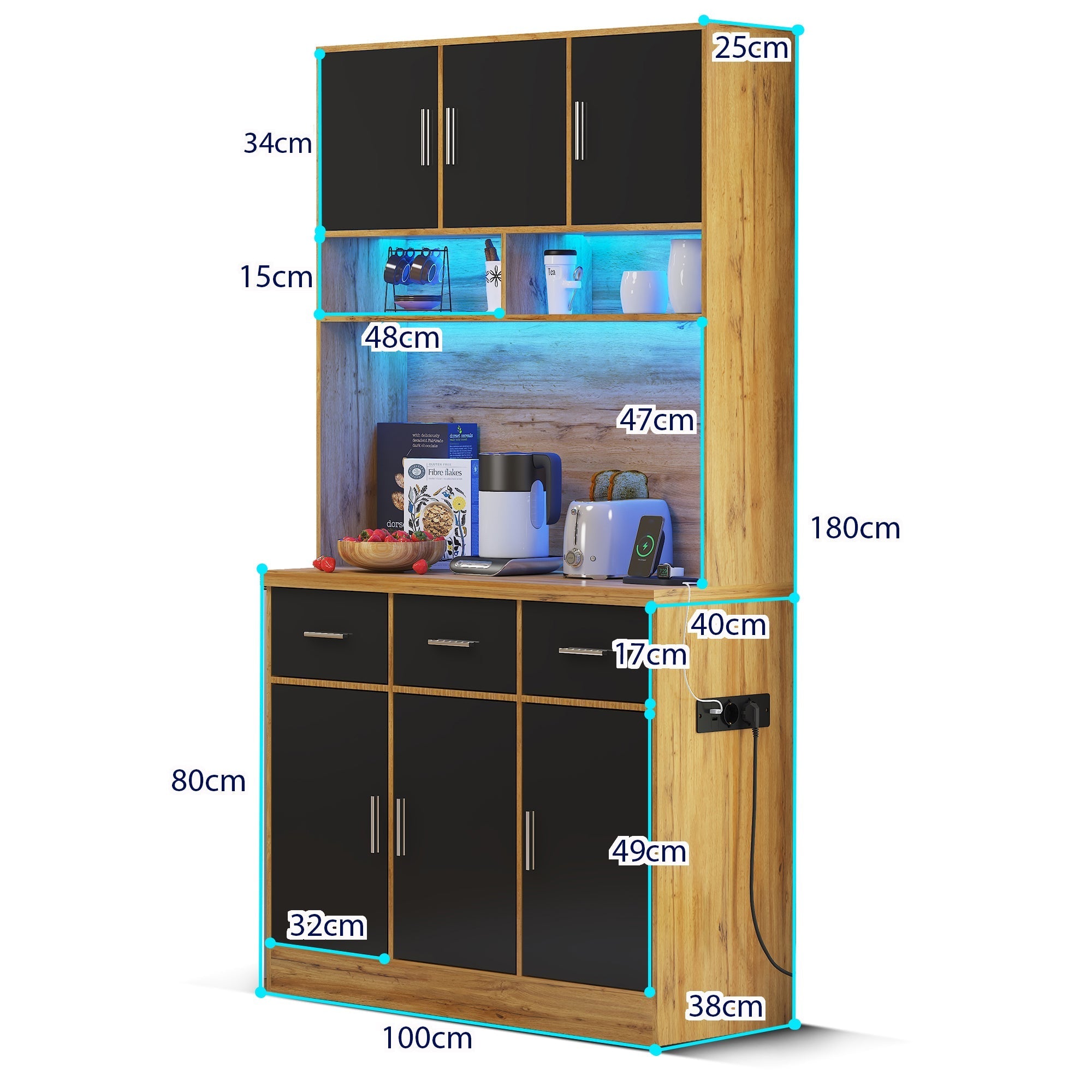 Multifunctional Buffet 100x40x180cm with LED, App Control, Drawers & Power Outlets
