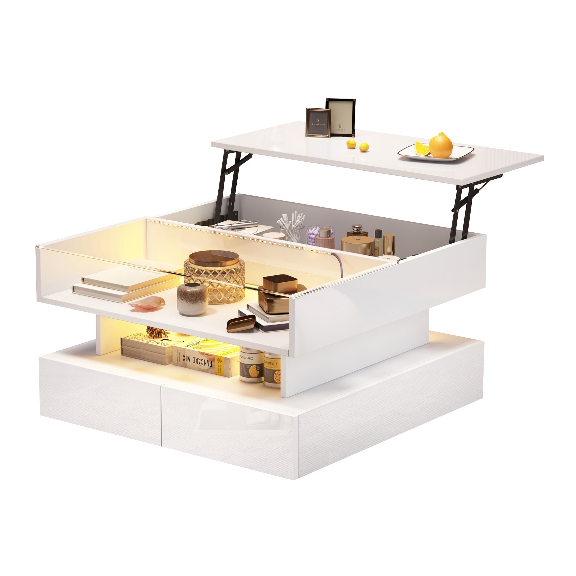 Coffee Table, 80x80x45cm Height-Adjustable Storage LED Lights Tempered Glass, White