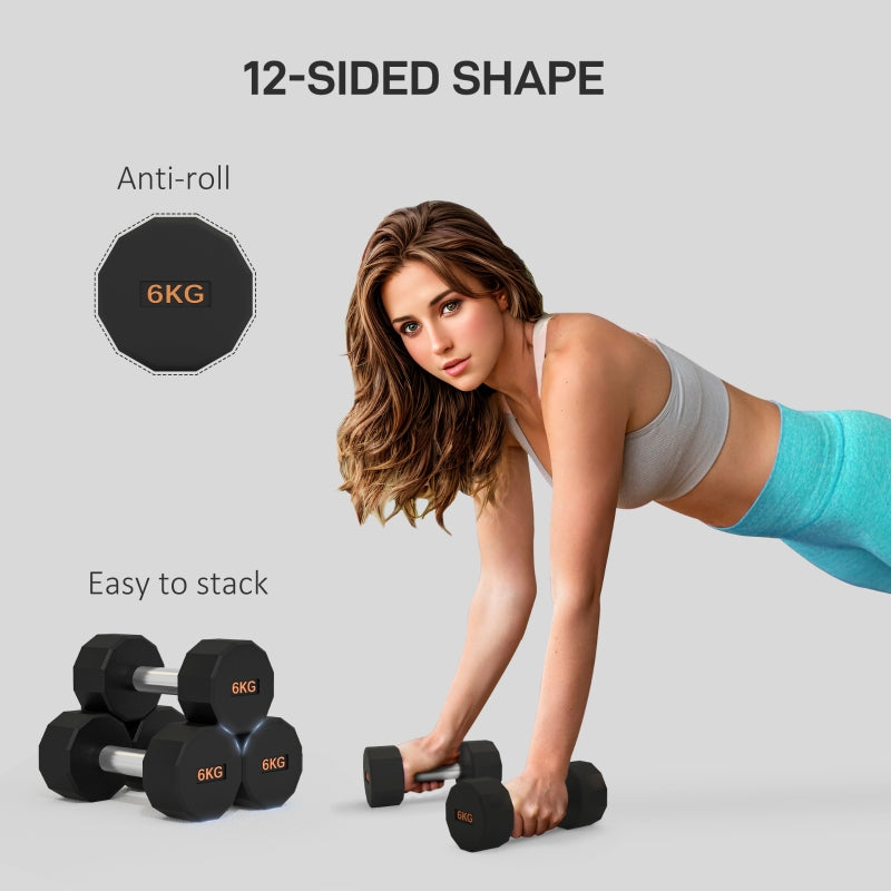 SPORTNOW Dumbbells Weights Set, 2 x 6kg, 12-Sided Shape, Non-Slip Grip