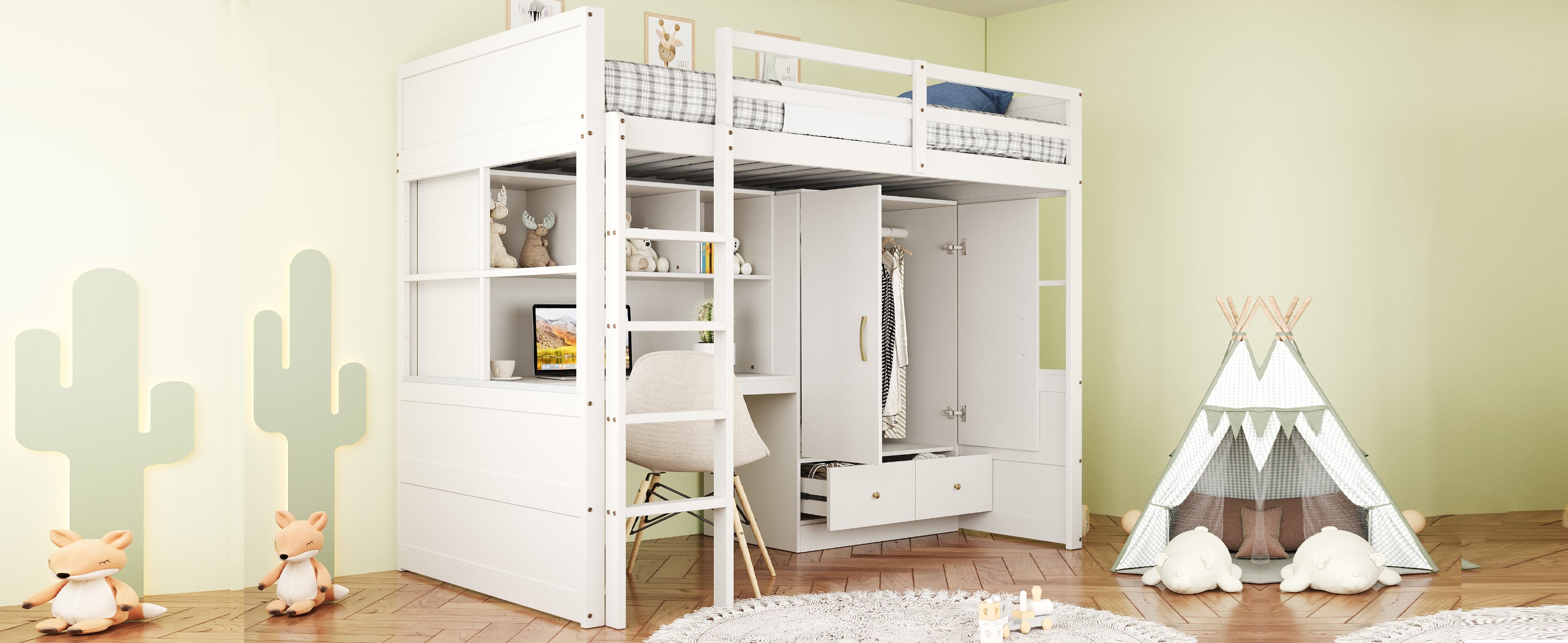 Loft Bed 90x200cm, Ladder, Desk, Wardrobe & Drawers, White