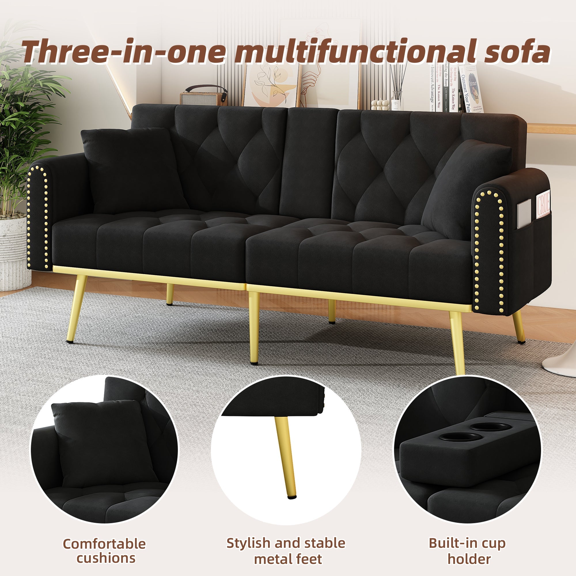 Double Sofa Bed Reclining 3 Angles Cup Holders - Fabric Black