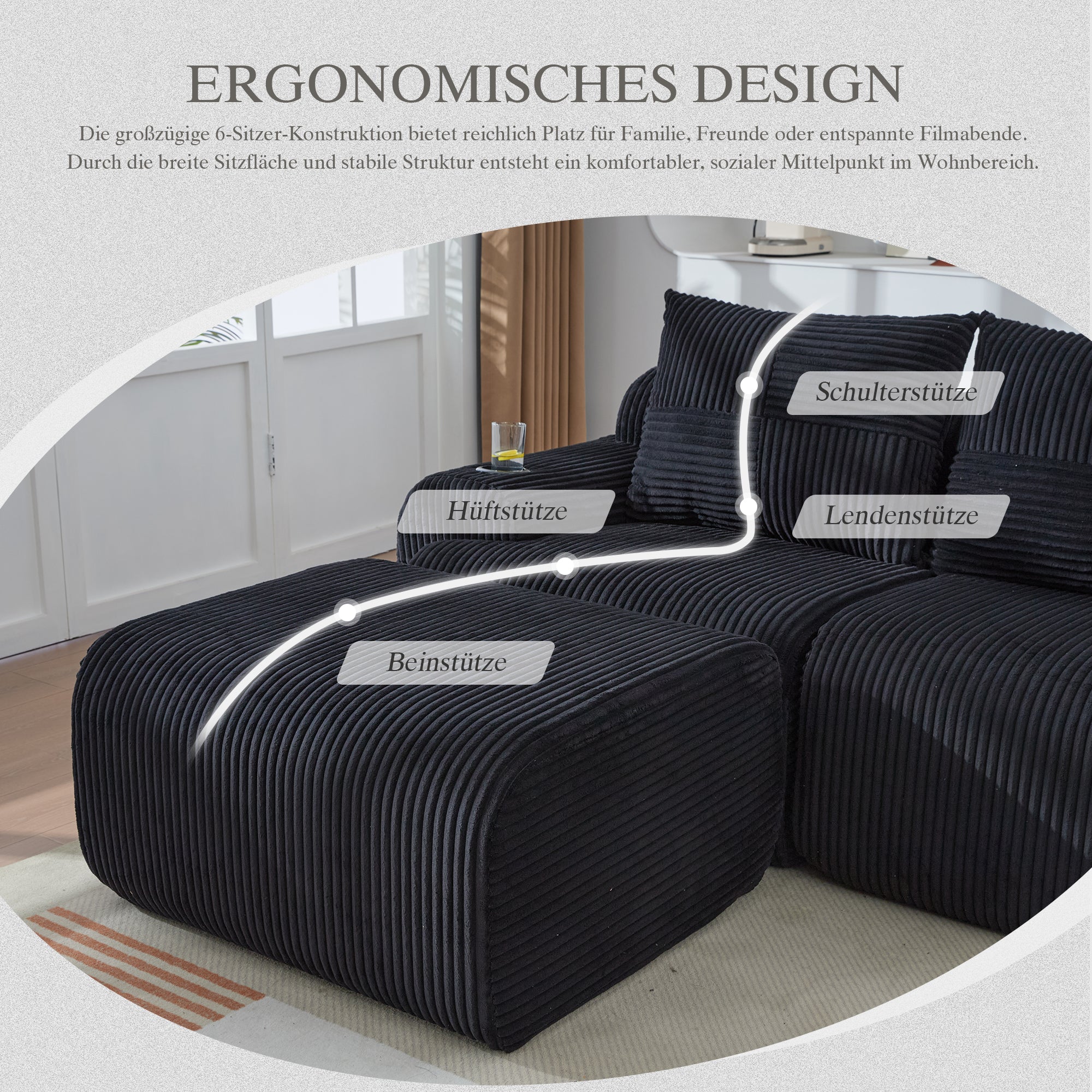 Modular Sofa - 3-Seater with 2 Ottomans, Modular, Cup Holders, Storage - Black Corduroy
