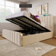 Upholstered Bed with Hydraulic Storage and USB Type-C Charging, 180x200cm, Beige Linen