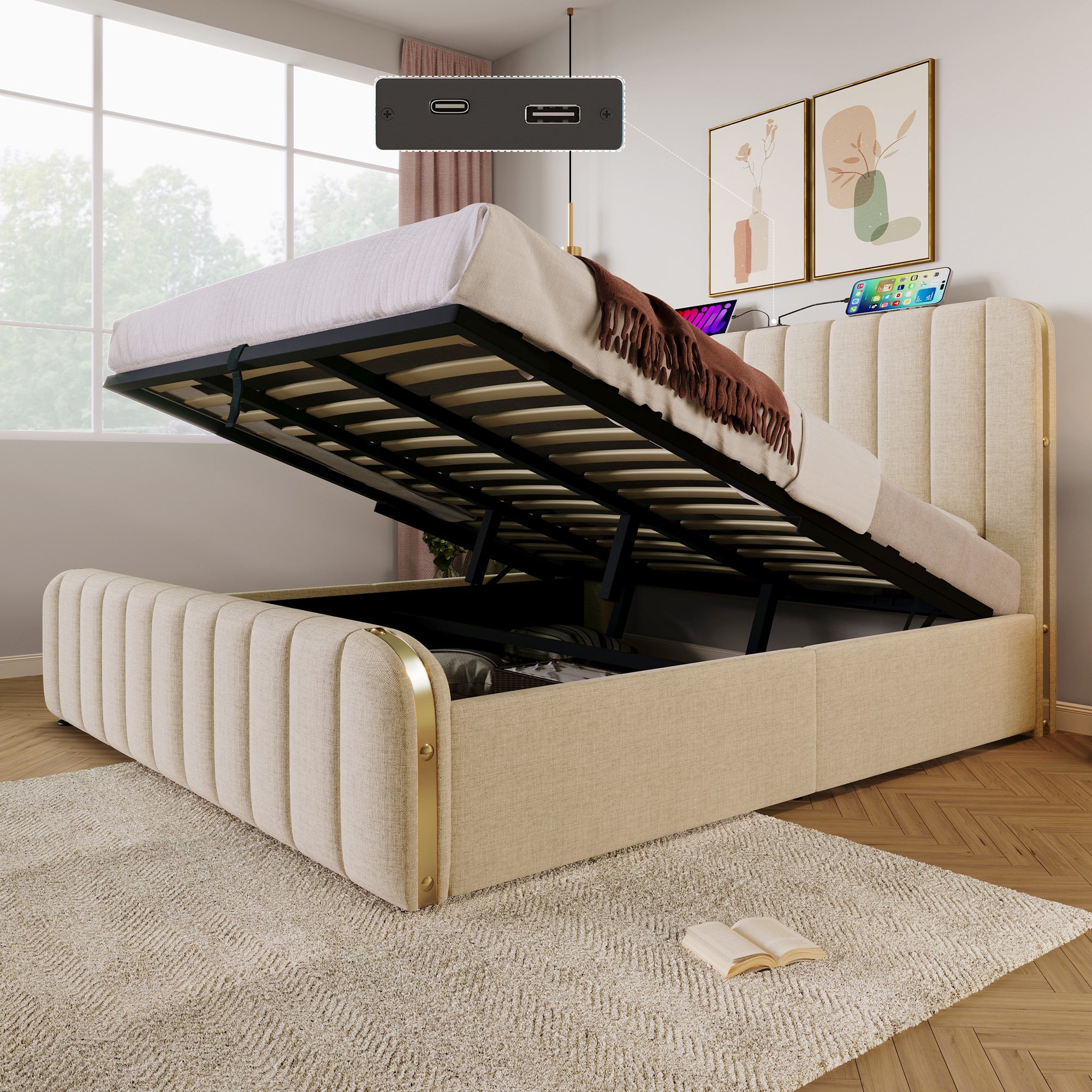 Upholstered Bed with Double Padded Headboard, USB Type-C and Hydraulic Storage, 180x200cm, Beige Linen with Mattress