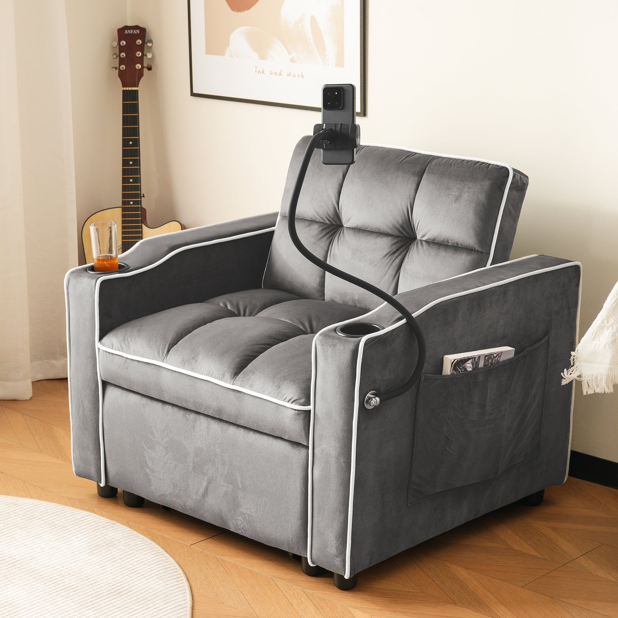 3-in-1 Expandable Single Sofa Bed with Drink Holders, Phone Holder, Sofa Recliner, Sleeper Chair, Armchair, for Small Spaces, Velvet Feel Fabric