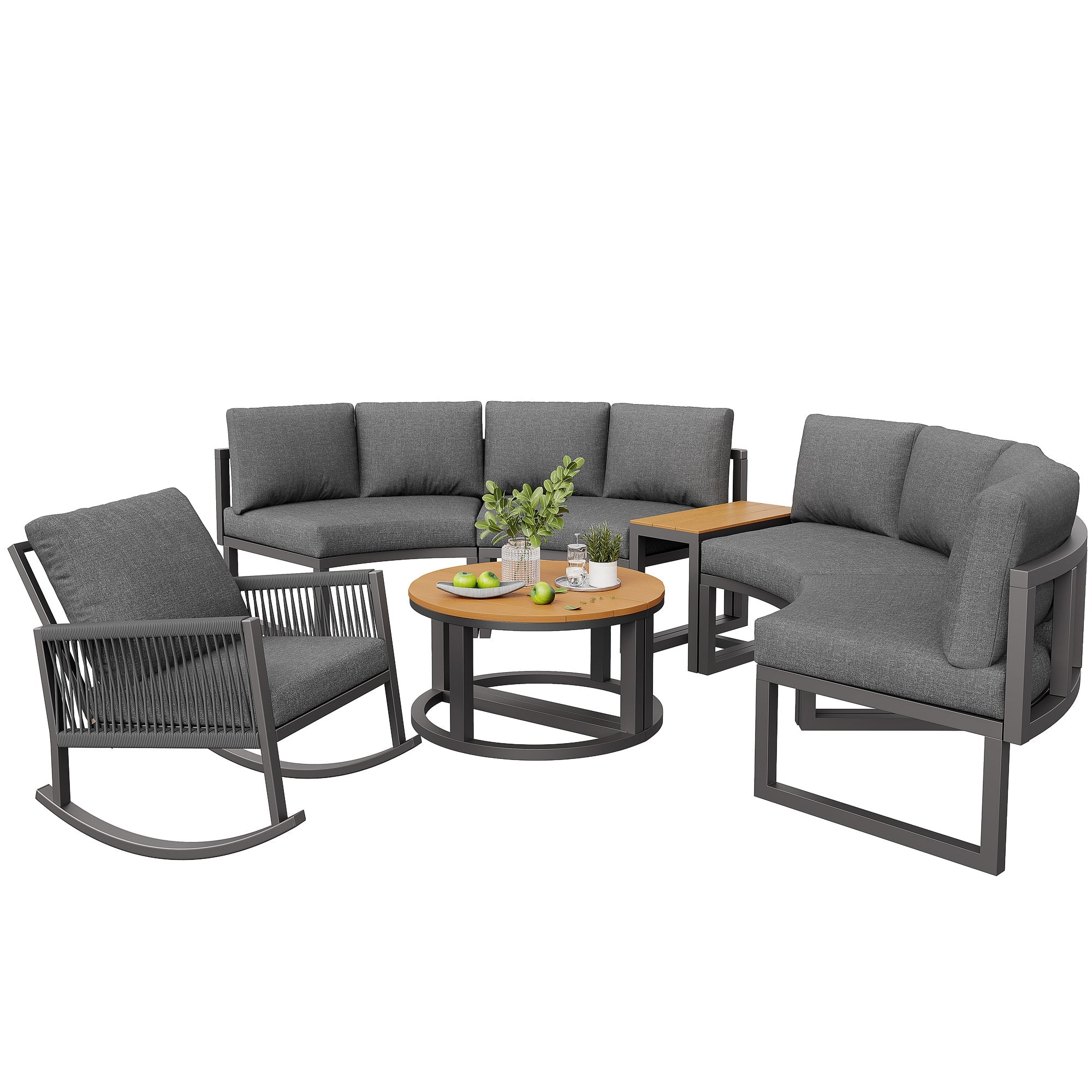 Garden Furniture Set, 4-6 Person Lounge with Round Sofa and Rocking Chair, Grey