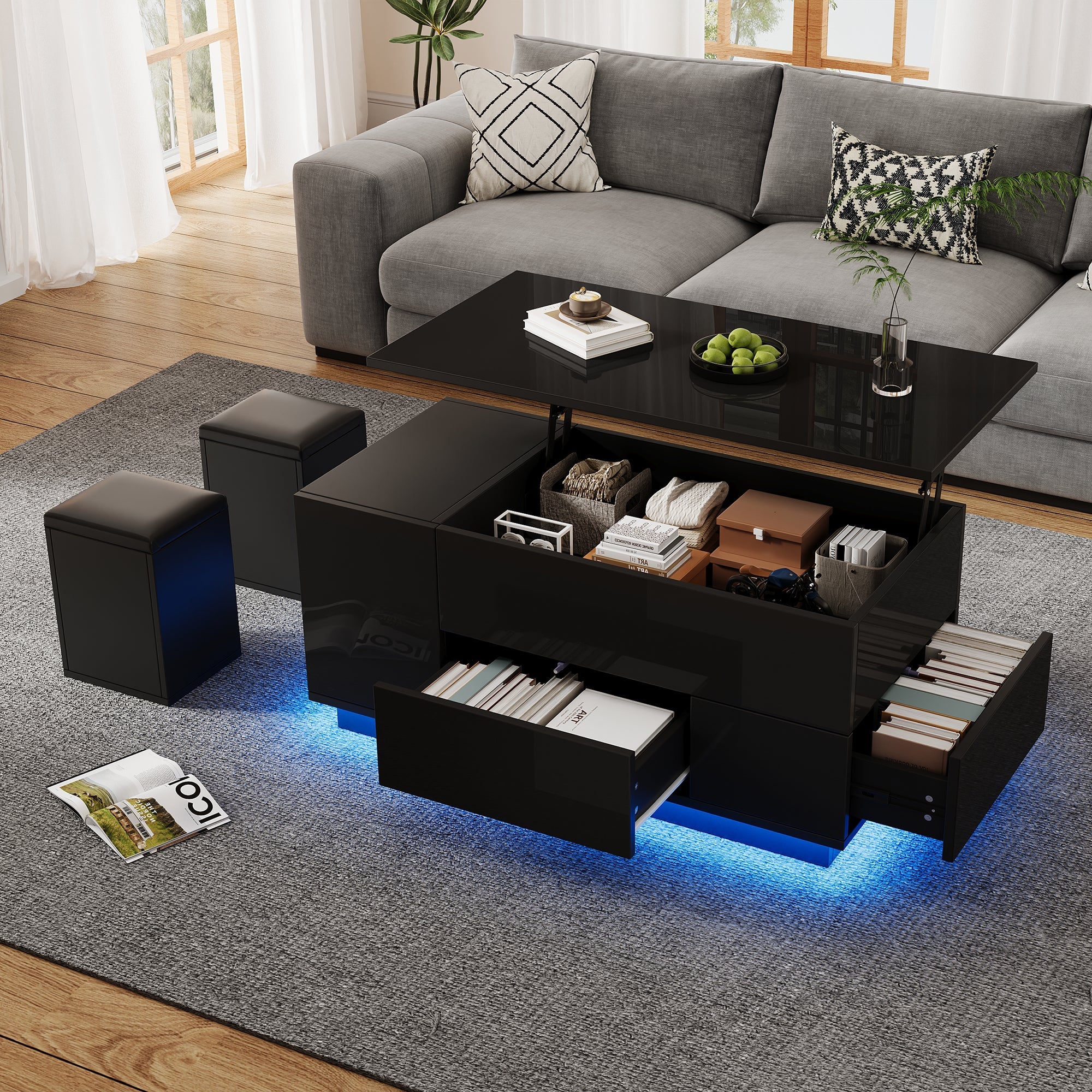 Coffee Table, 4-in-1 Height Adjustable LED with 2 Drawers, High-Gloss Black