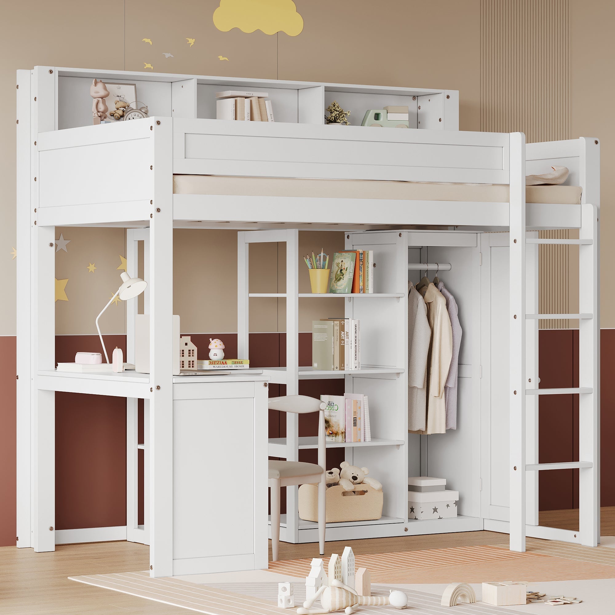 Bunk Bed with Table & Wardrobe, Safety Gate & Shelves, Pine+MDF+Plywood, White, 90x200cm