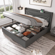 Upholstered Bed Storage USB Type C Headboard 180x200 Slatted Base, Linen Material