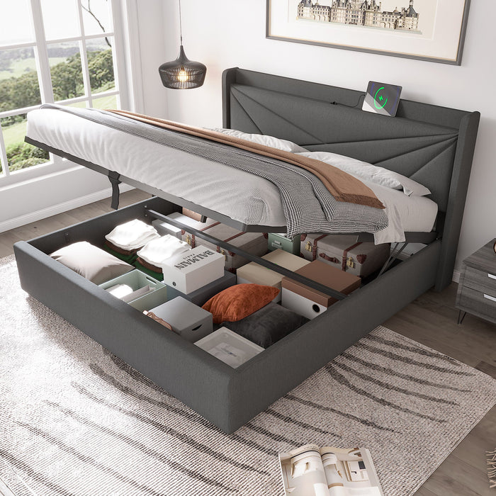 Upholstered Double Bed with Storage, USB Type C Charging and Slatted Base, 180x200cm, Linen material