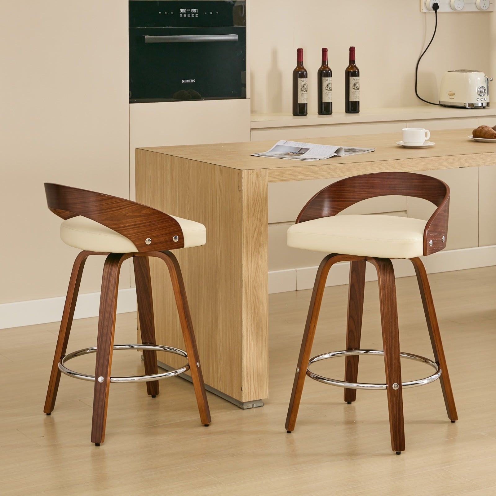 Bar Stools Set of 2, Swivel 63CM Counter Height Chairs with Low Back and Wood Legs, Beige Wood and Faux Leather