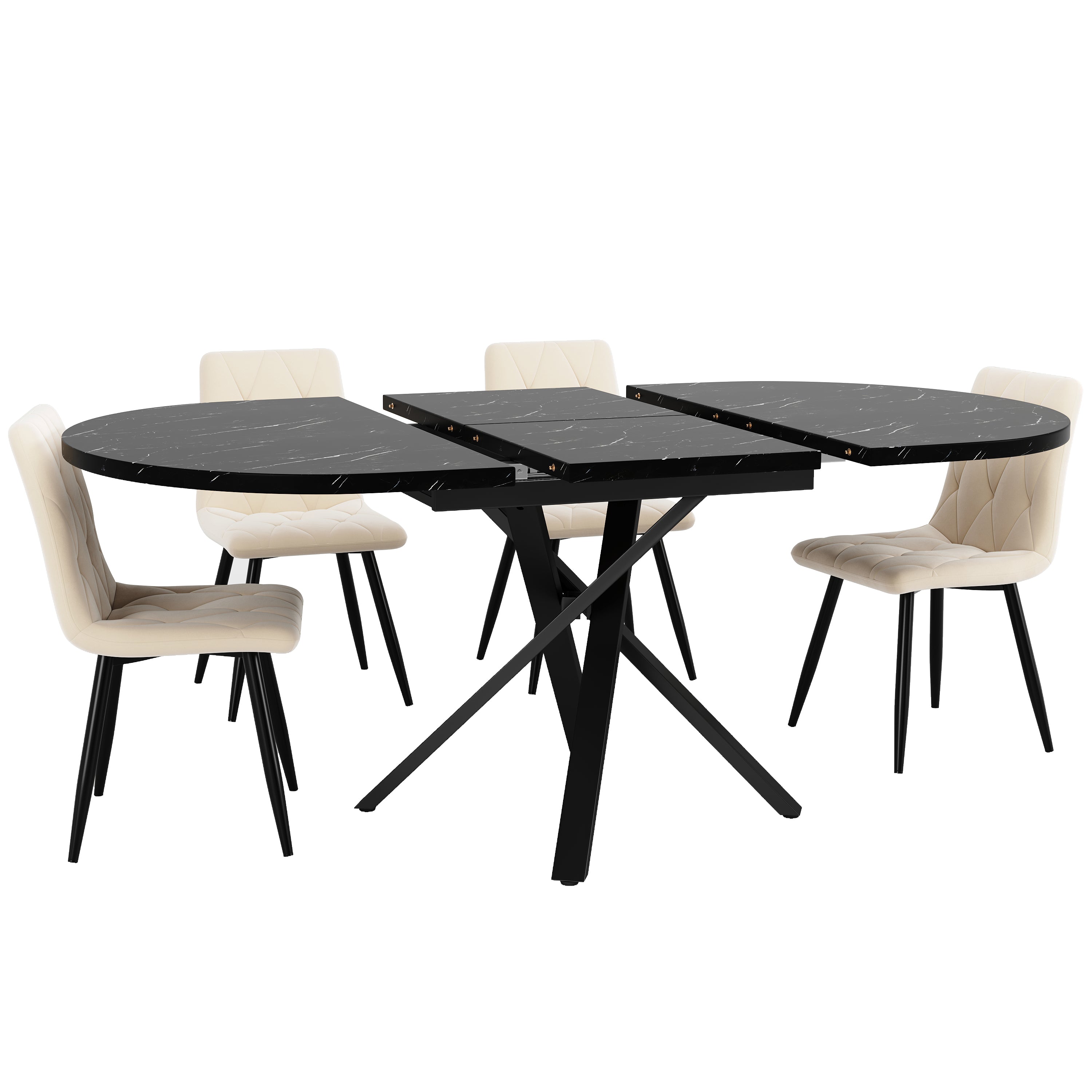 Dining Table Set 5-Piece Round Extendable 4 Chairs Velor Beige