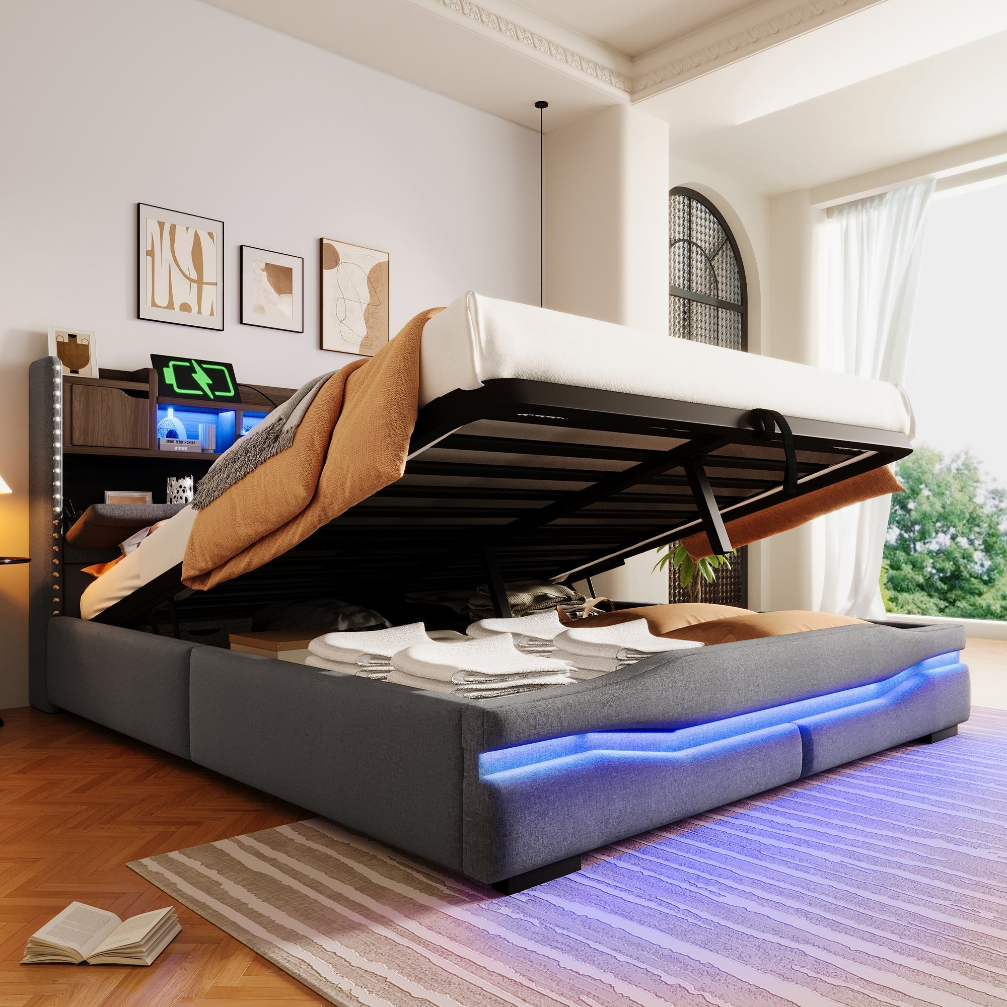 Upholstered Bed 160x200cm Hydraulic Storage LED USB-C Headboard Grey