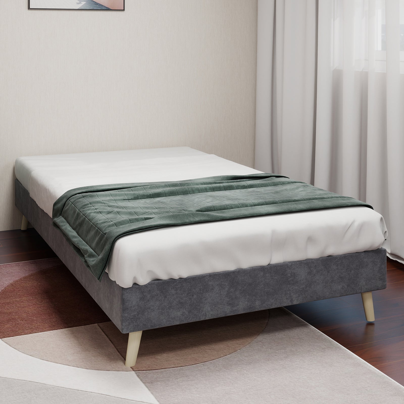 Modernes minimalistisches Bettgestell, niedrige Basis 90x200 cm, grauer holländischer Samtstoff