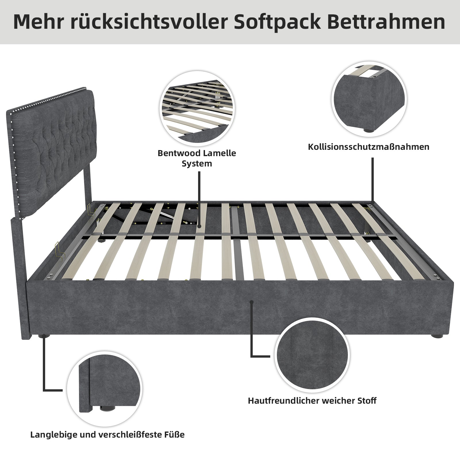 Modern Minimalist Soft Bed, Comfortable Headboard, High Box, 140x200CM, Gray