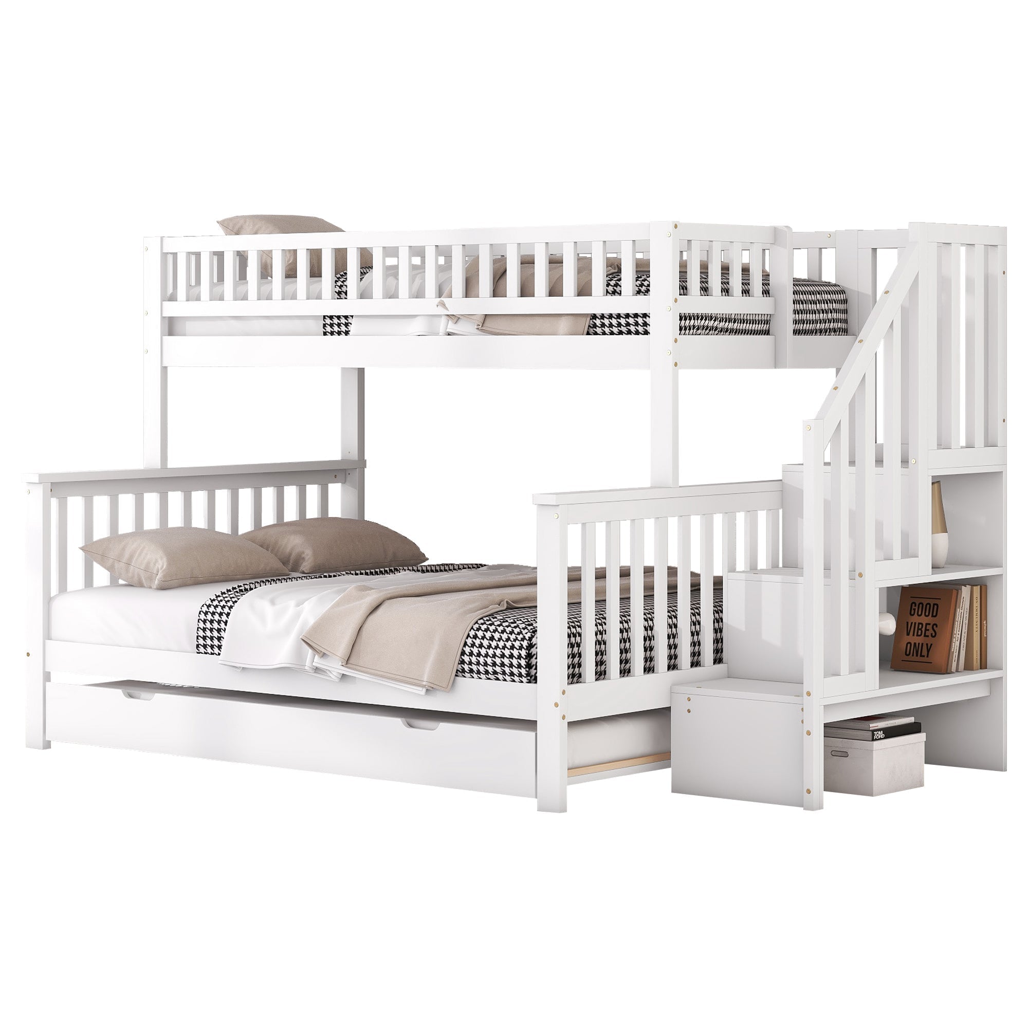 Bunk Bed 90x200cm/140x200cm with Stairs & Rolling Container, Pine Wood White