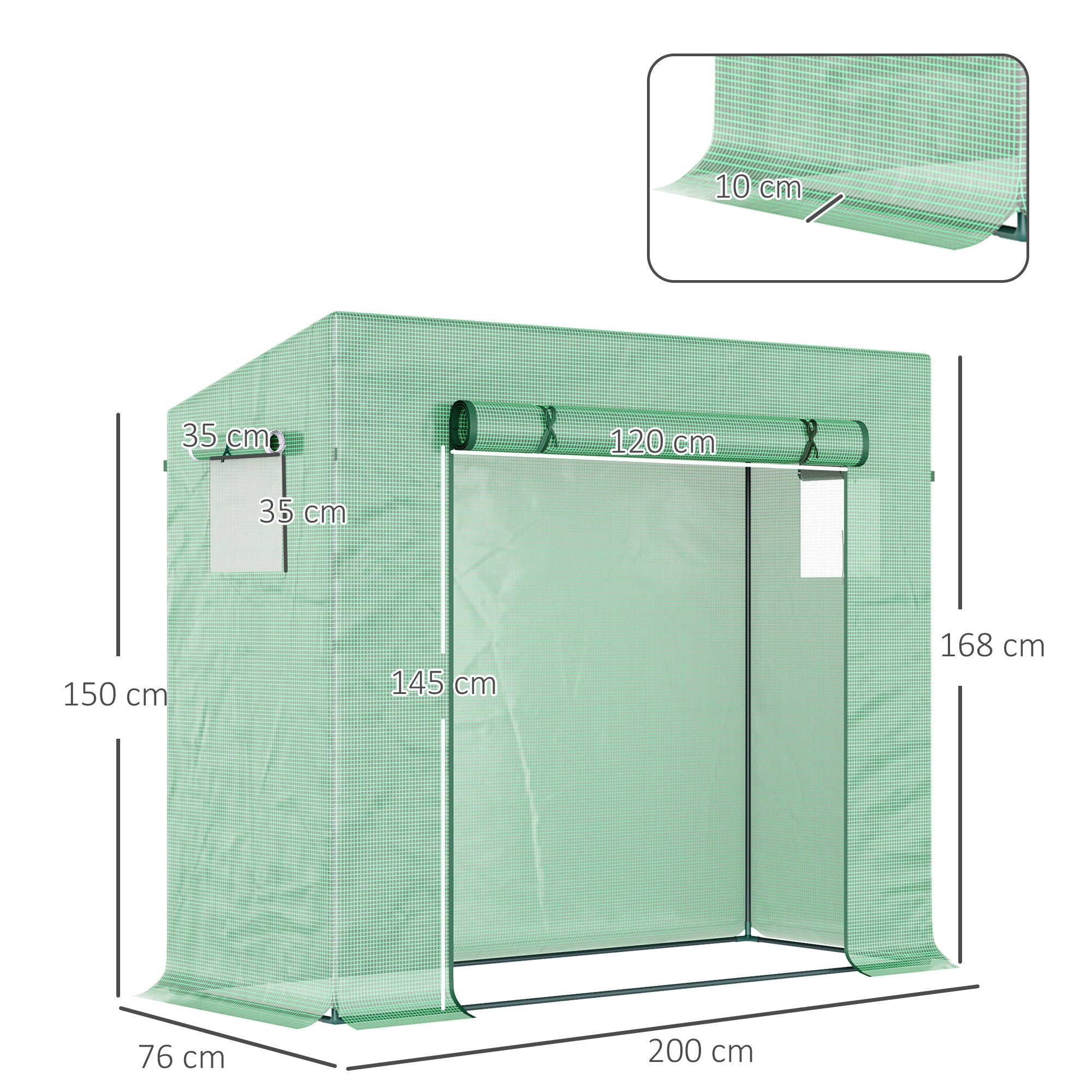 Outsunny Greenhouse with Roll-Up Door and Side Window, 200 x 76 x 168 cm, Green PE Mesh Film