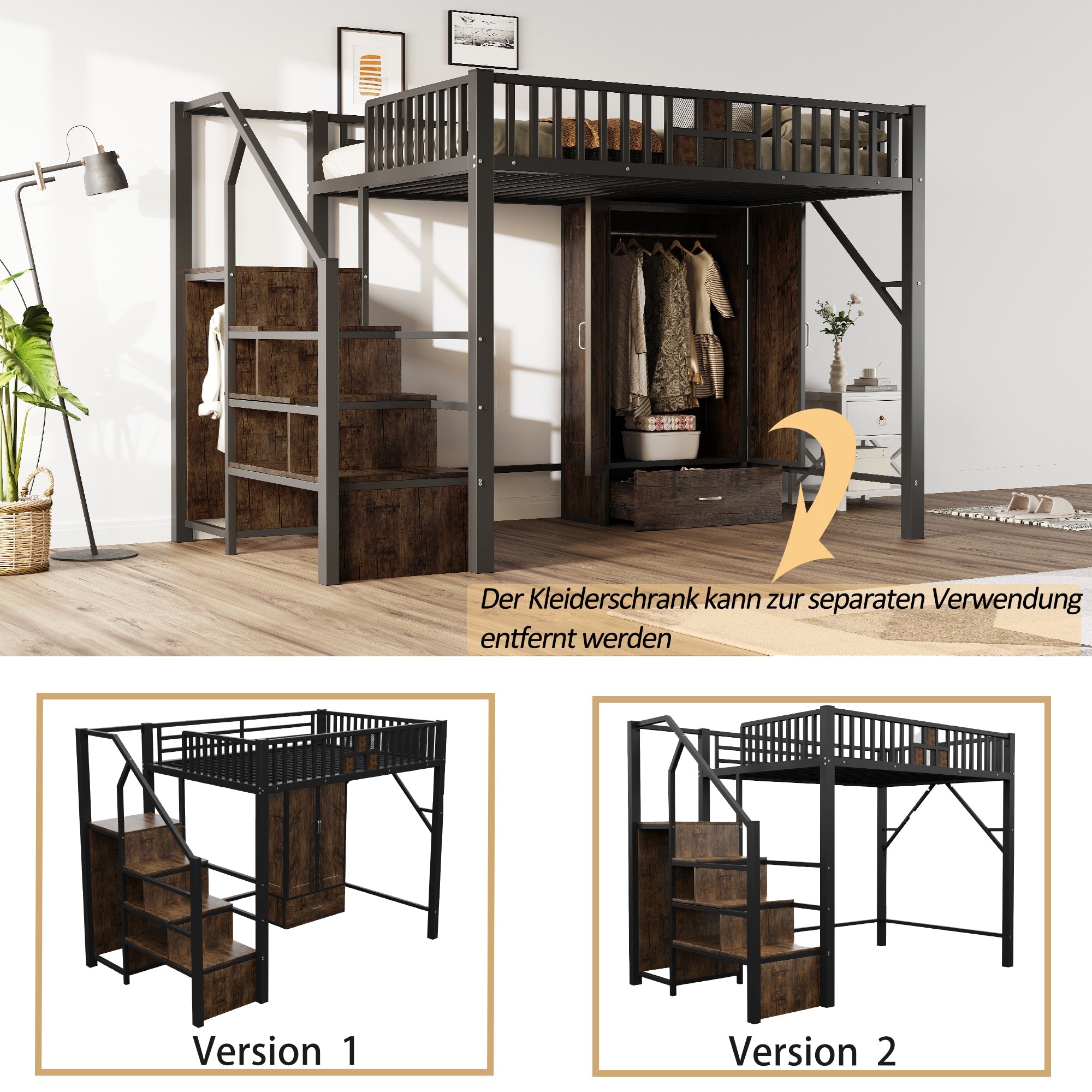 Metal Loft Bed 140x200cm, Wardrobe, Drawers & Storage Ladder, Black Wood & Metal