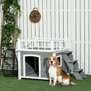 Dog House with Balcony, Stairs, Raised Window, Fir Wood