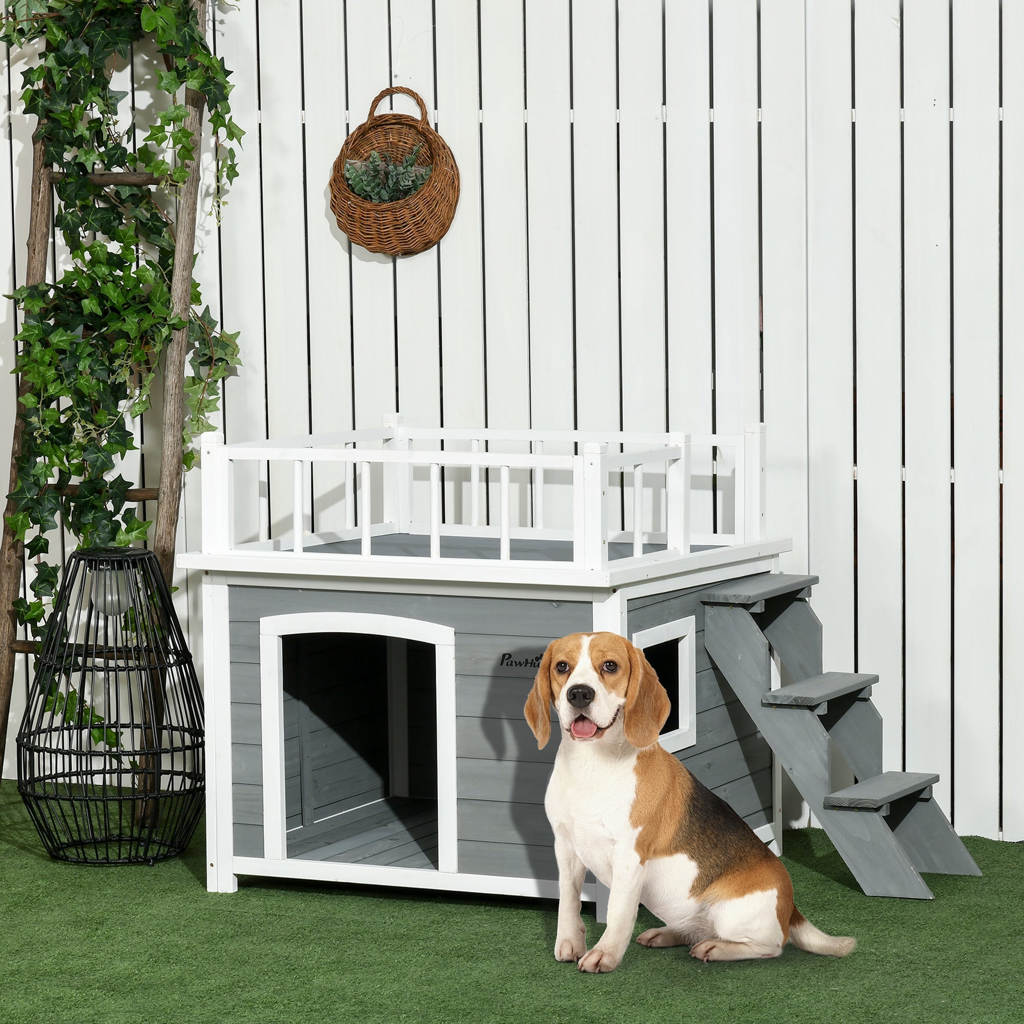 Dog House with Balcony, Stairs, Raised Window, Fir Wood