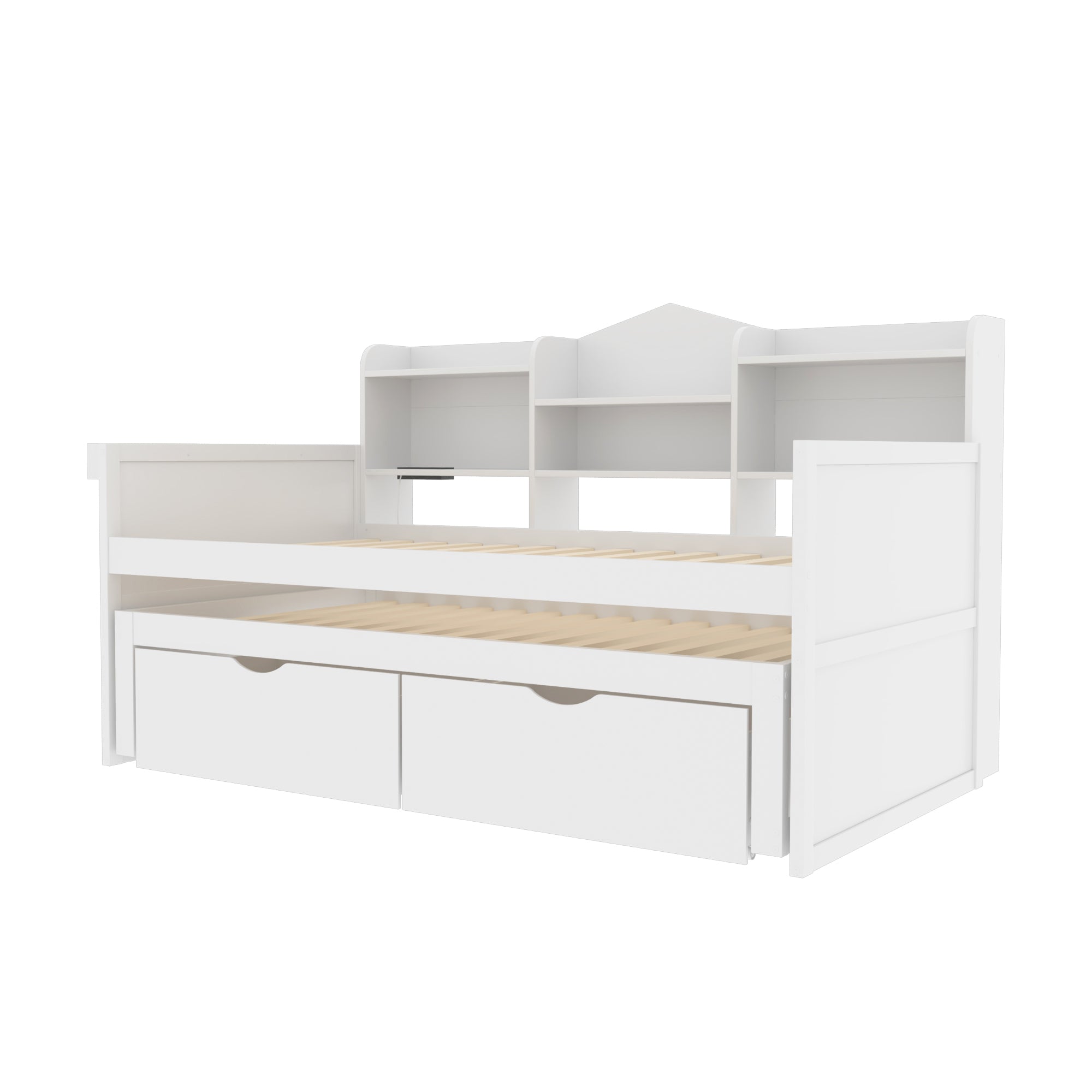 Sofa Bed 90*200, Pull-Out 90*190, 2 Drawers, Storage, USB Socket, Wooden, White