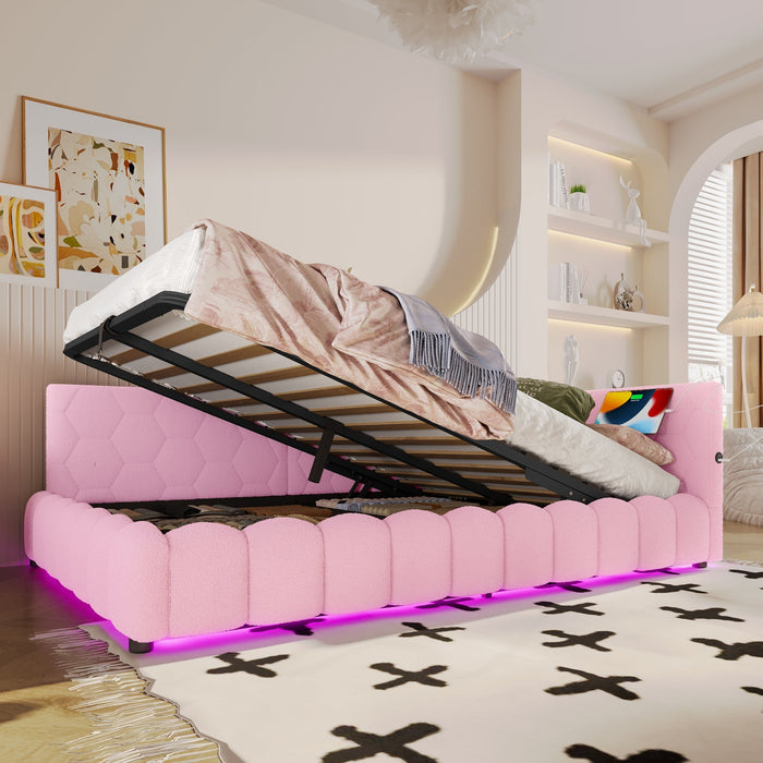 Daybed Sofa Bed 140x200cm Hydraulic Storage LED USB/Type-C - Imitation Fleece Pink