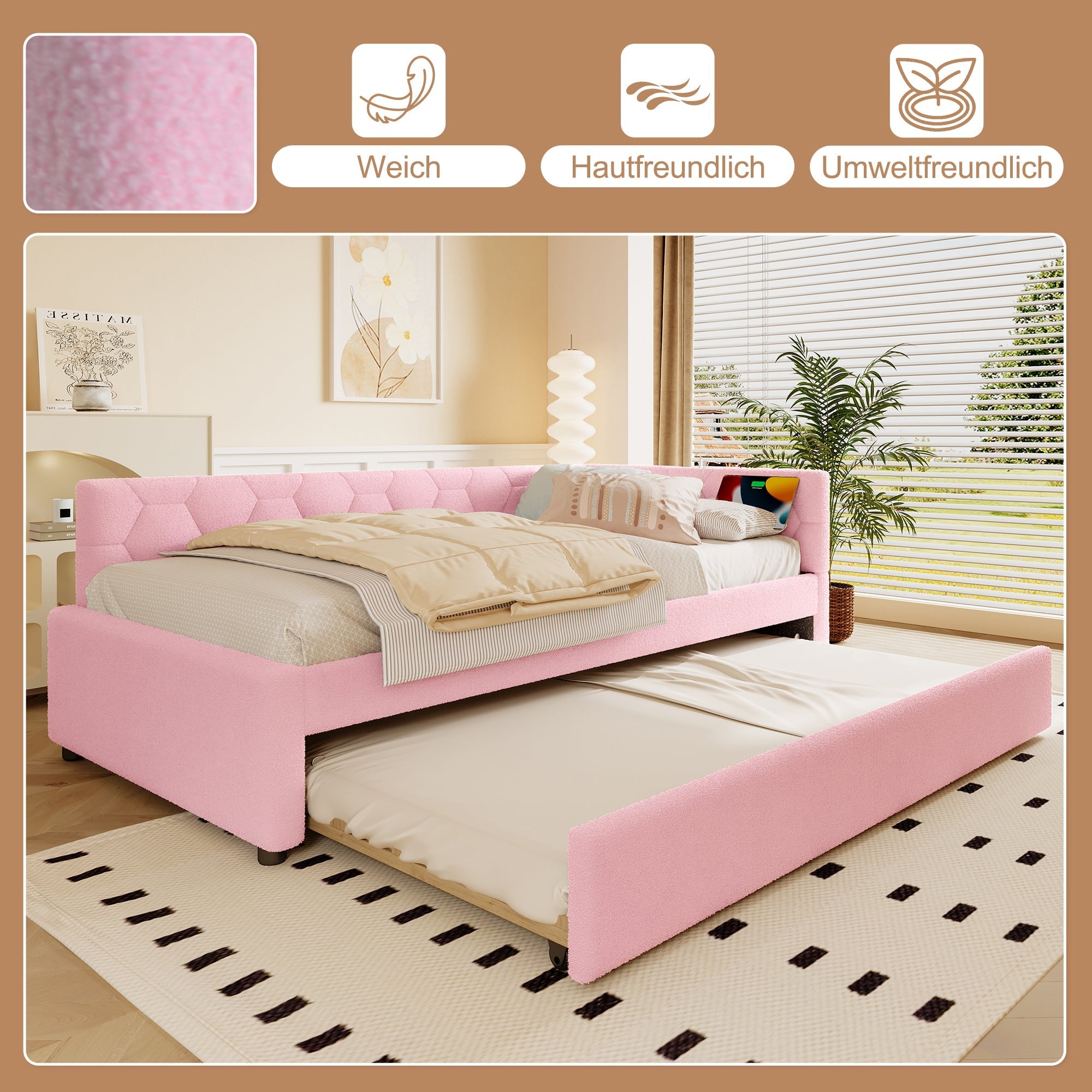 Daybed Sofa Bed 90x200cm Pull-Out Bed Bedside Lamp USB/Type-C Pink Fleece Imitation