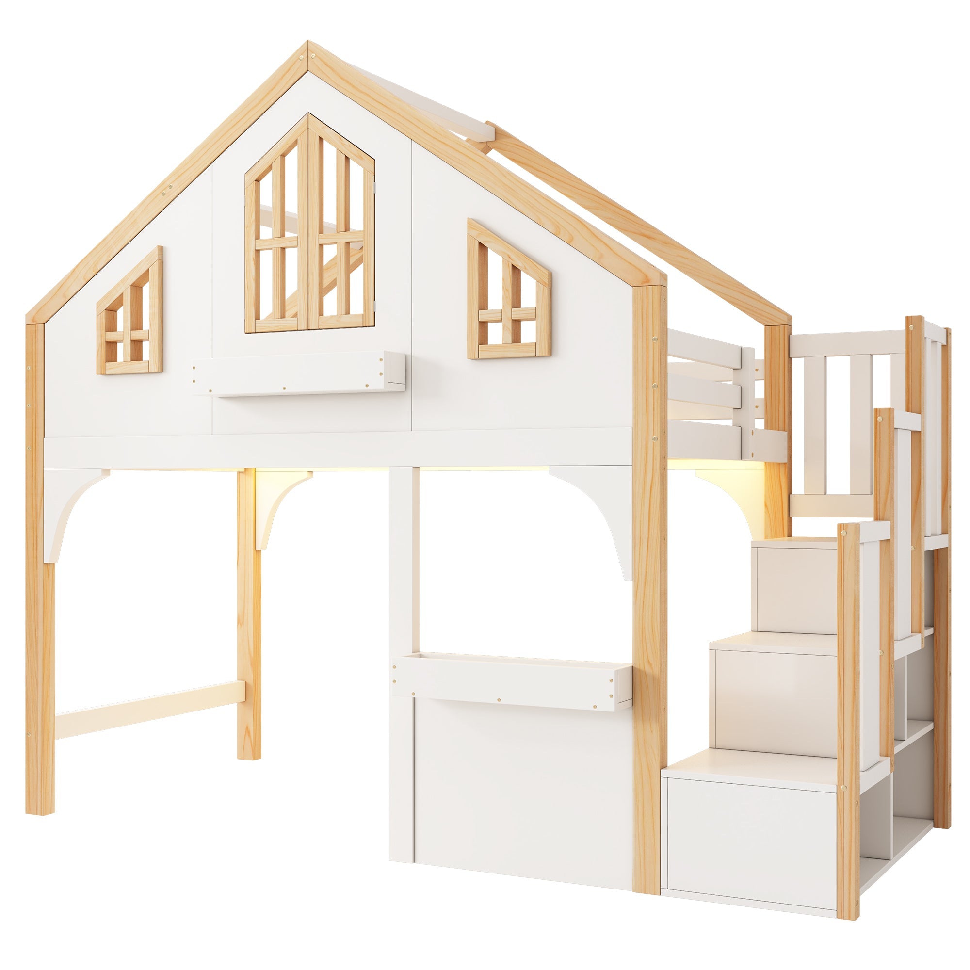 Bunk Bed House 90x200cm Wooden with LED Storage Stairs White + Natural