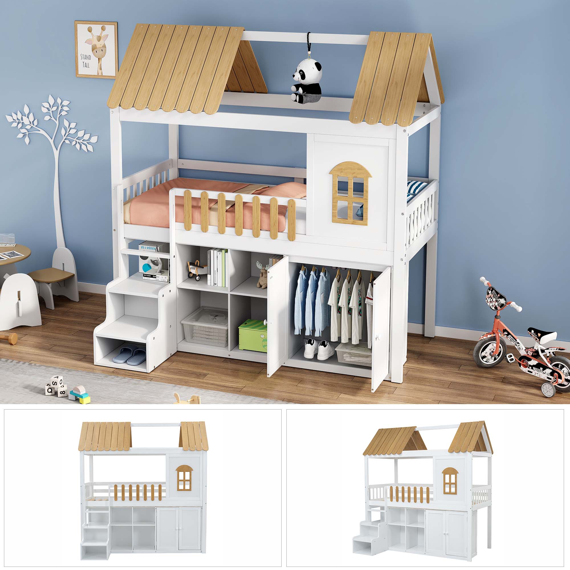 Bunk Bed, Storage, Wardrobe, Shoe Cabinet, Safe Steps, Pine, White & Natural