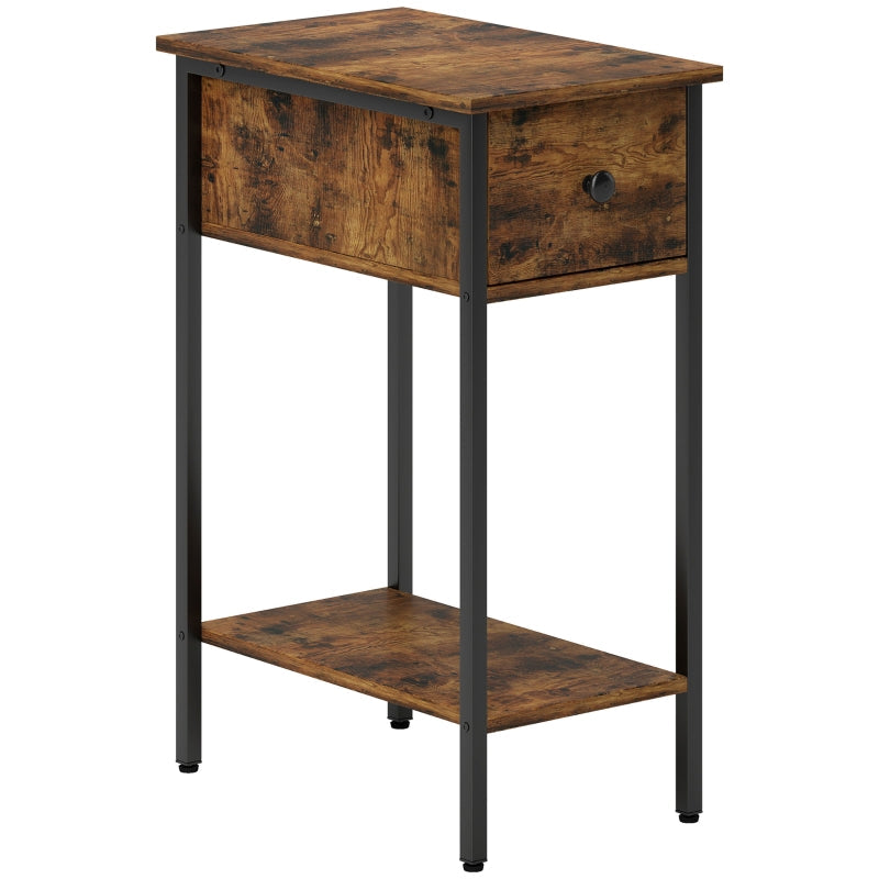 Narrow Side Table, Drawer and Storage Shelf, Rustic Brown
