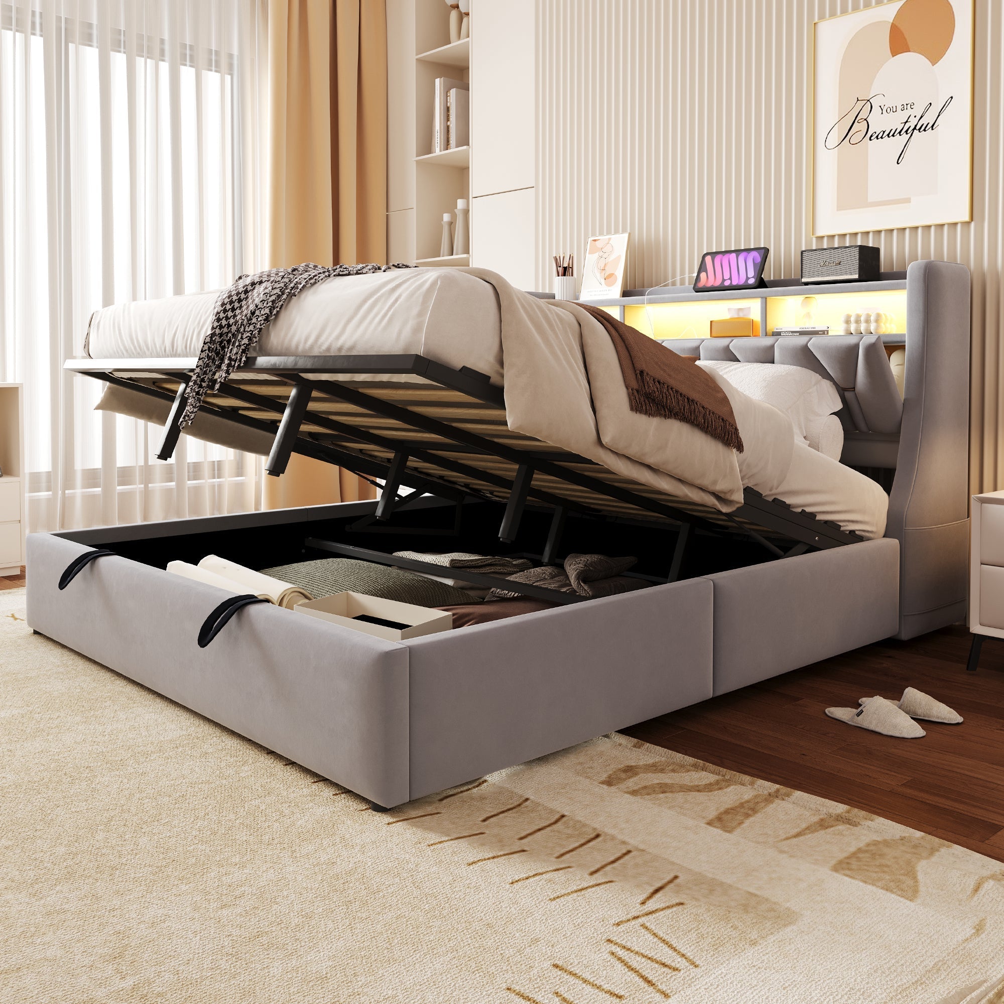 Upholstered Bed 180x200cm Hydraulic Storage Headboard with Power Outlet LED Light Grey Velvet