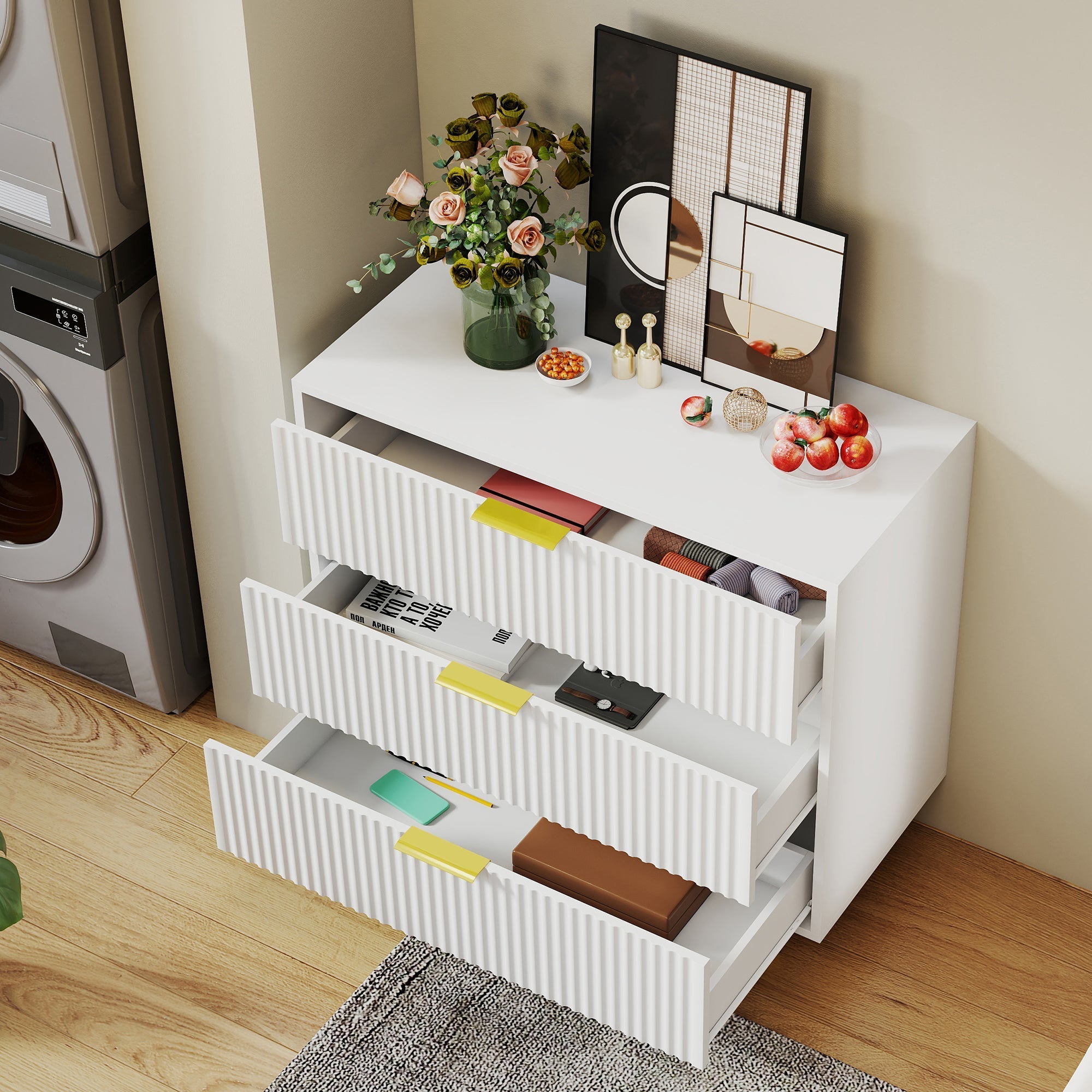 Chest of Drawers Sideboard 3 Drawers Modern Design - White and Gold