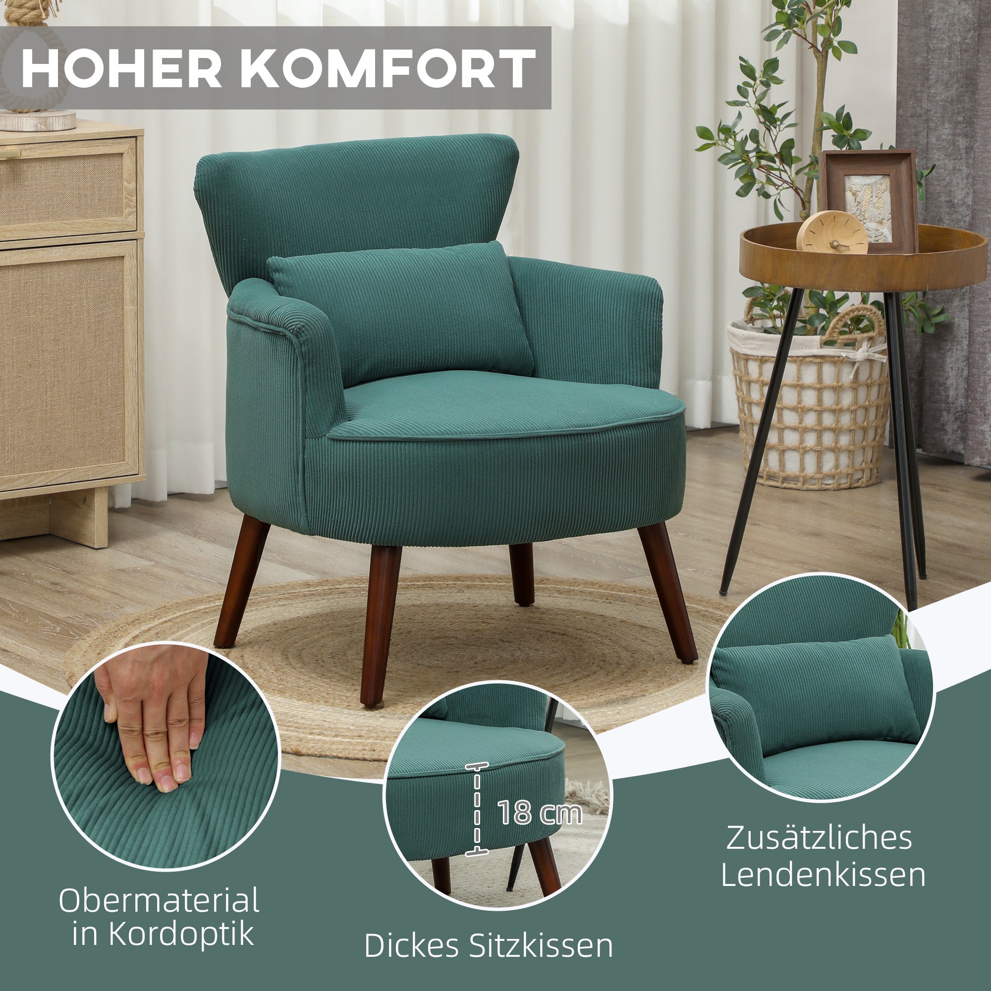 Armchair Lounge Chair Upholstered Corduroy Look Wooden Legs Dark Green