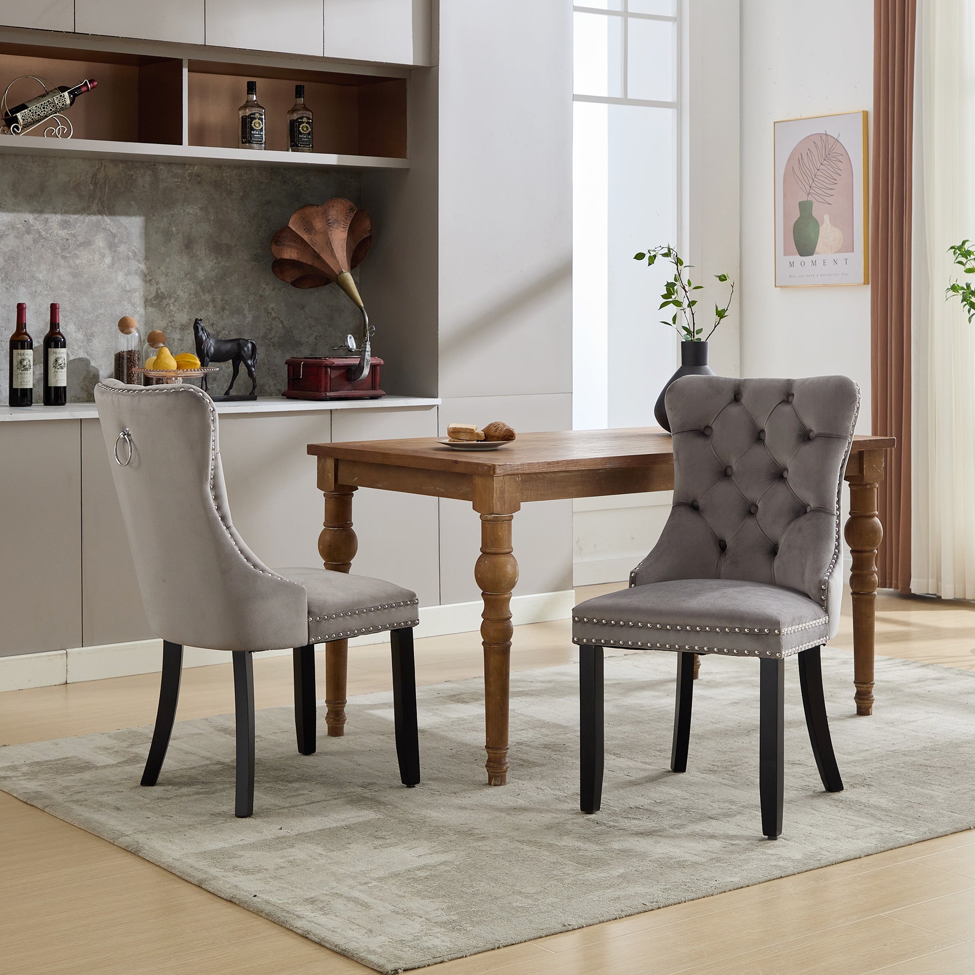 Set of 2 Modern Upholstered Velvet Dining Chairs, Button Tufted with Solid Wood Legs, Riveted Trim and Knocker Ring, Grey