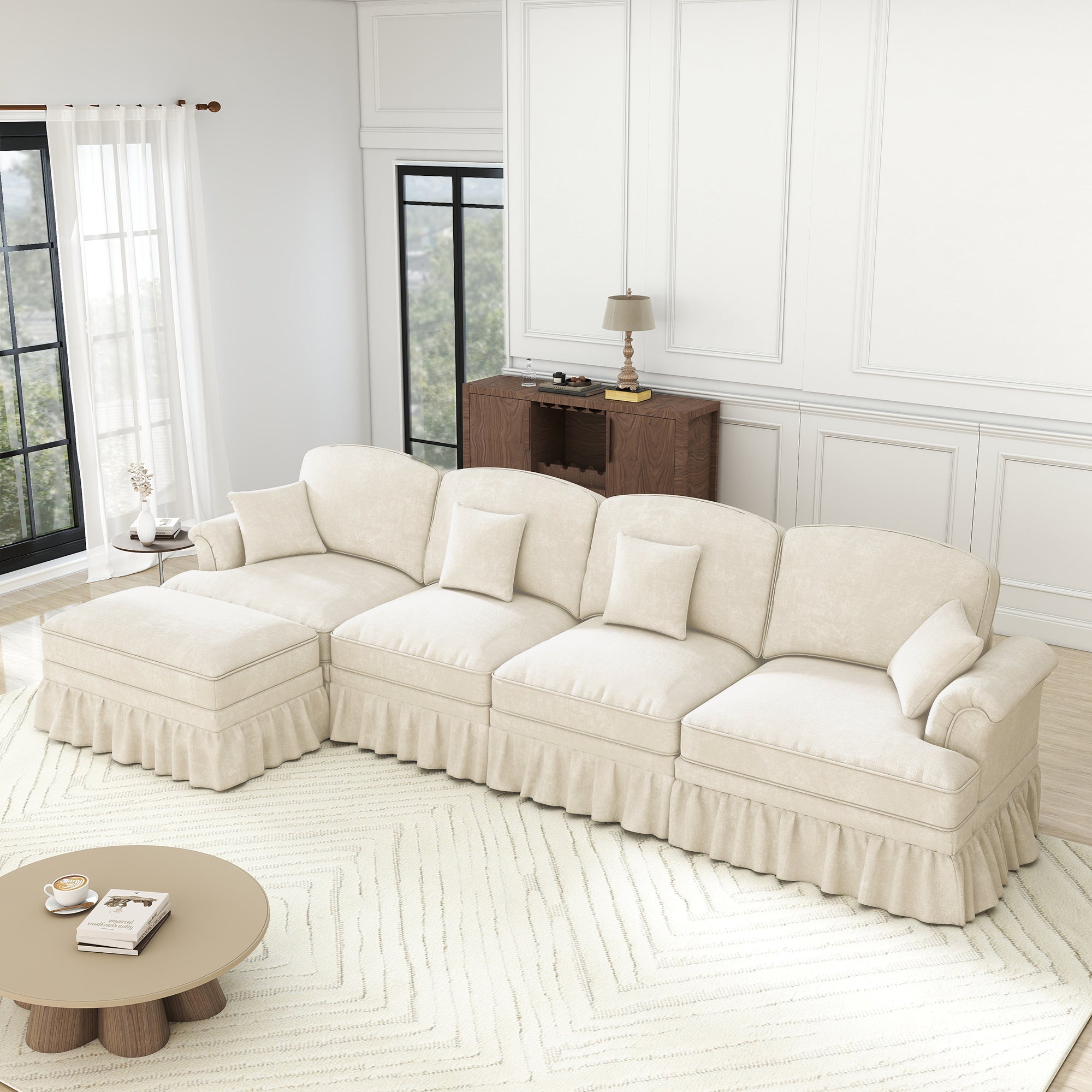 Modular L-Shaped 4-Seater Sofa with Movable Ottoman, Ruffled Apron, Spindle Legs Chenille White