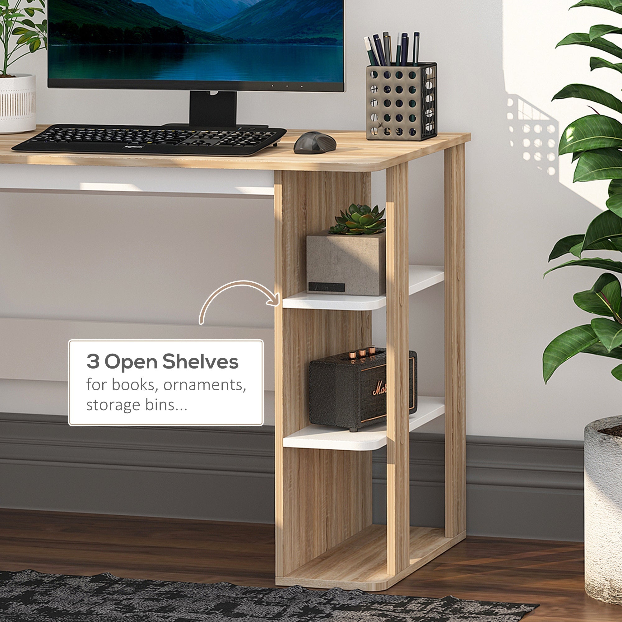 Computer Desk Writing Desk with 3-Tier Storage Shelf, Oak and White