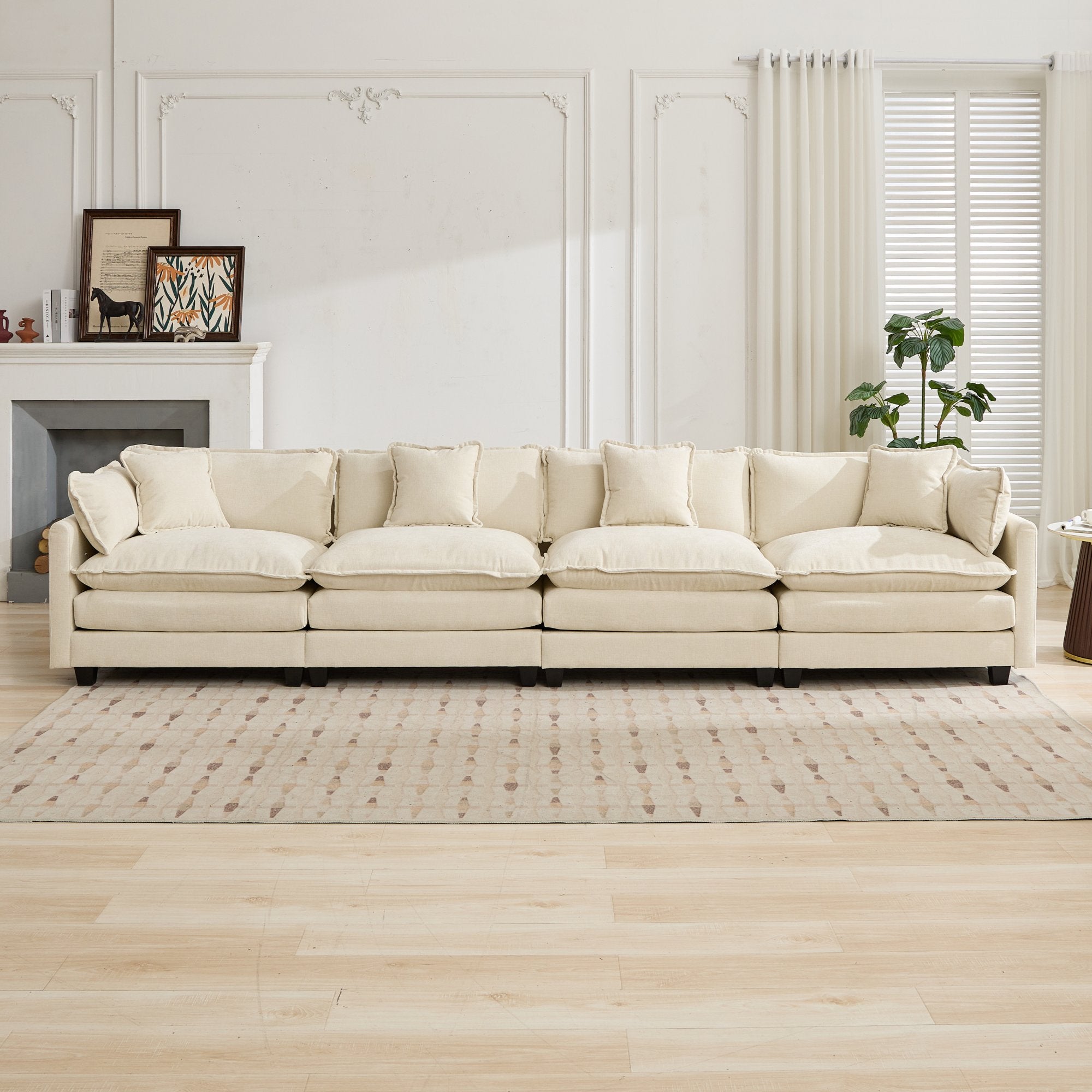 Cloud Sofa 4 Seats, Modern Sectional Couch with Double Layer Cushion, Beige Chenille Fabric