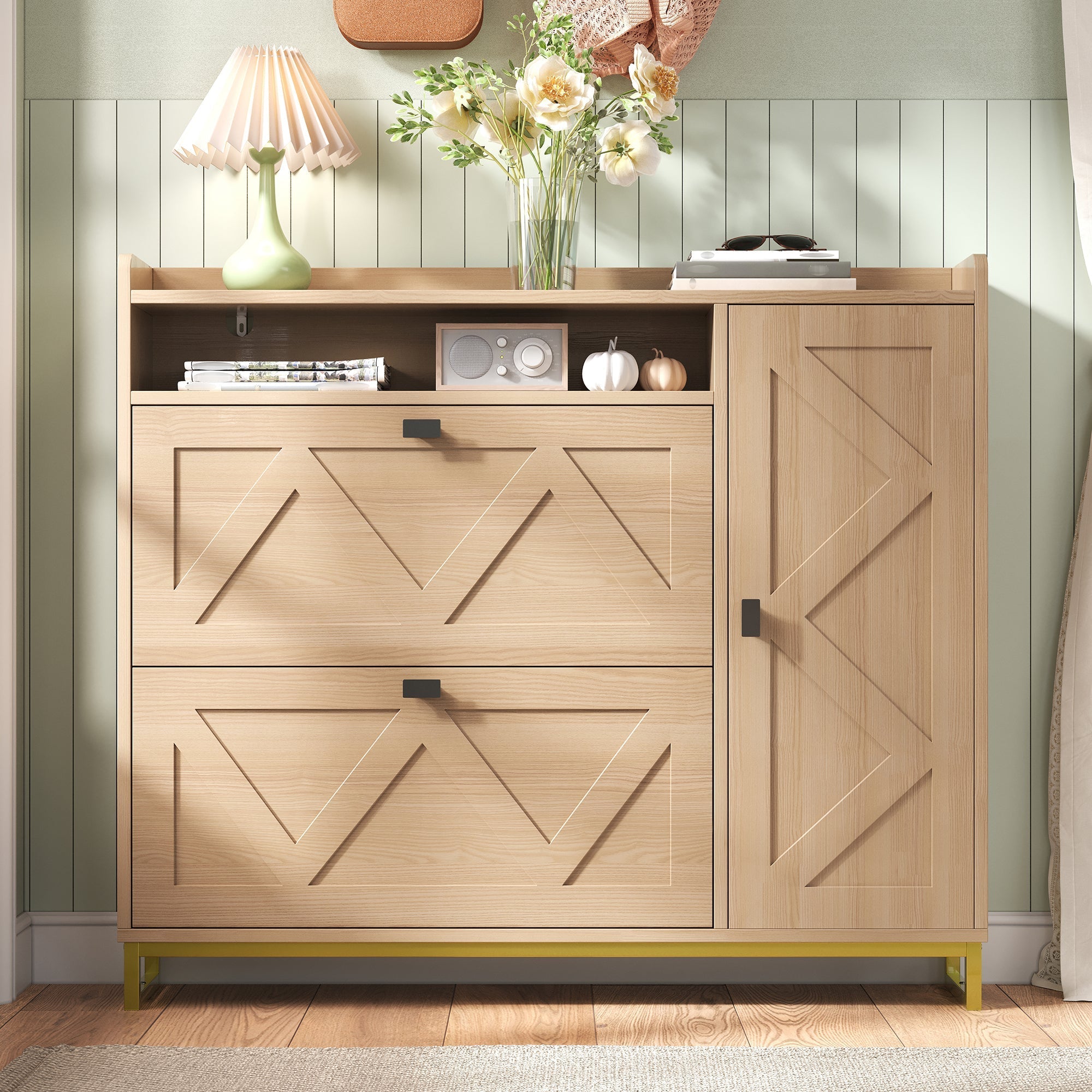 Shoe Cabinet with Double Hinged Lid, Side Cabinet and Geometric Doors, Metal Frame