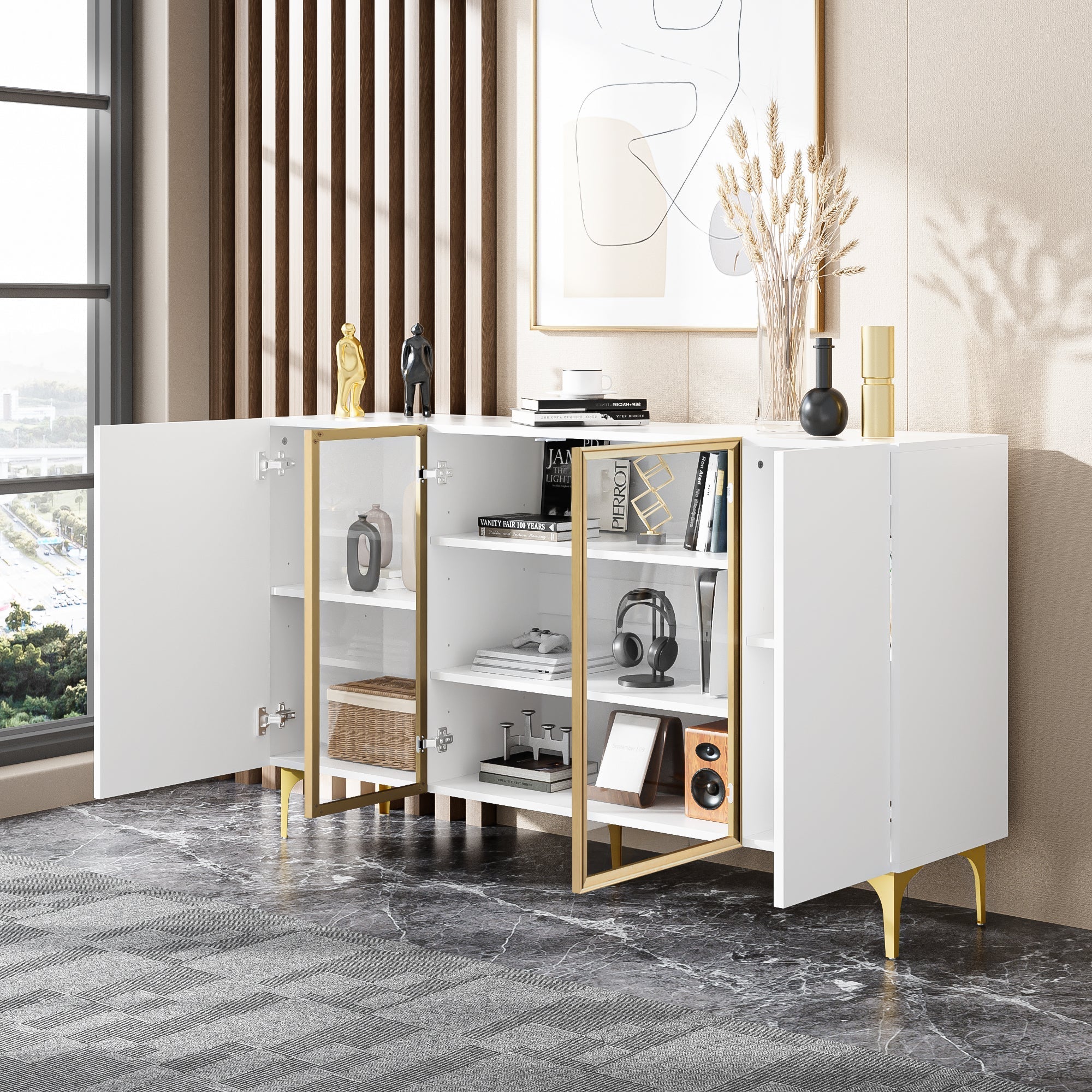 Sideboard, 4-Door with Glass & Metal, Handleless, White
