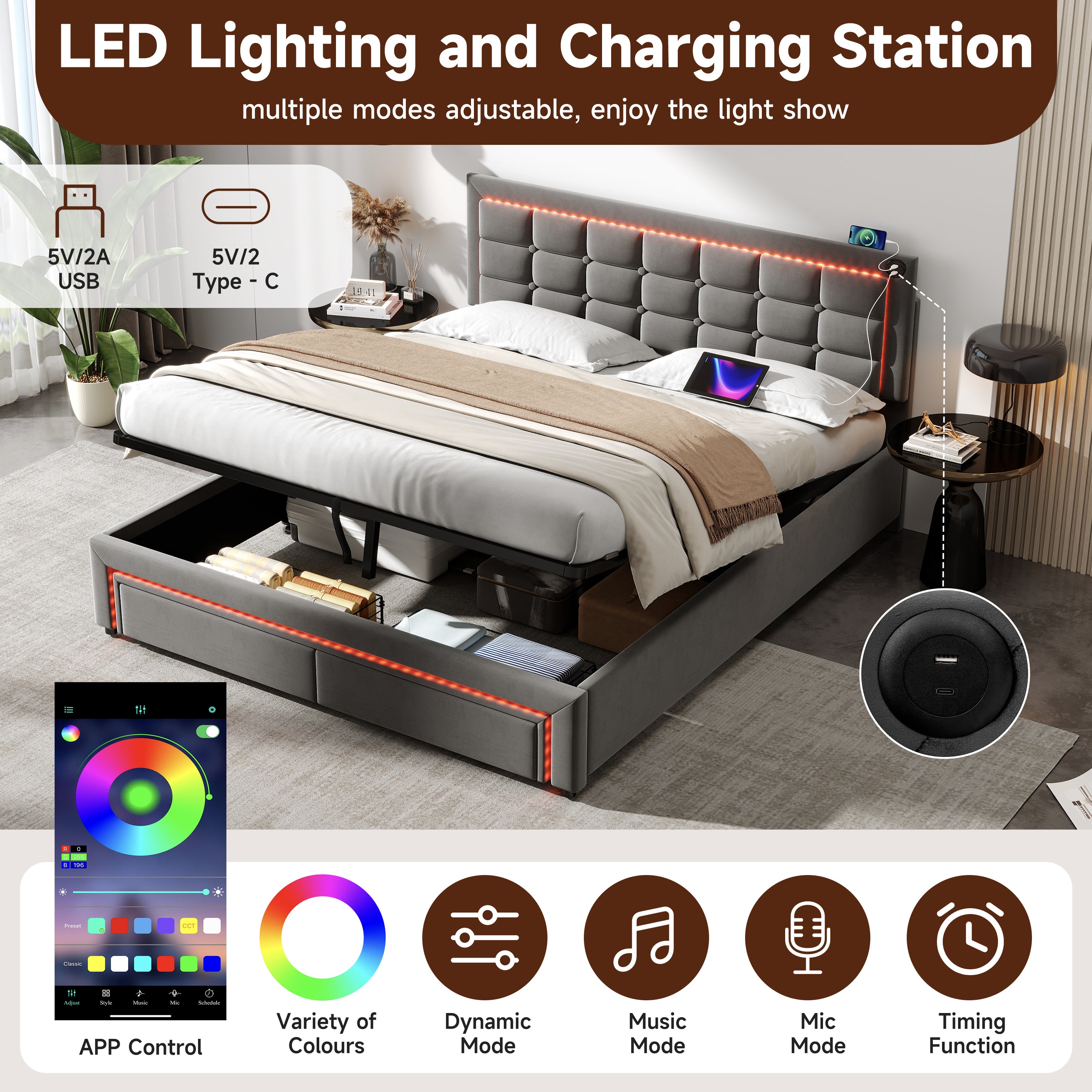 4ft6 Double Upholstered Bed Frame, Hydraulic Storage, LED Headboard, Charging Station, Grey Velvet