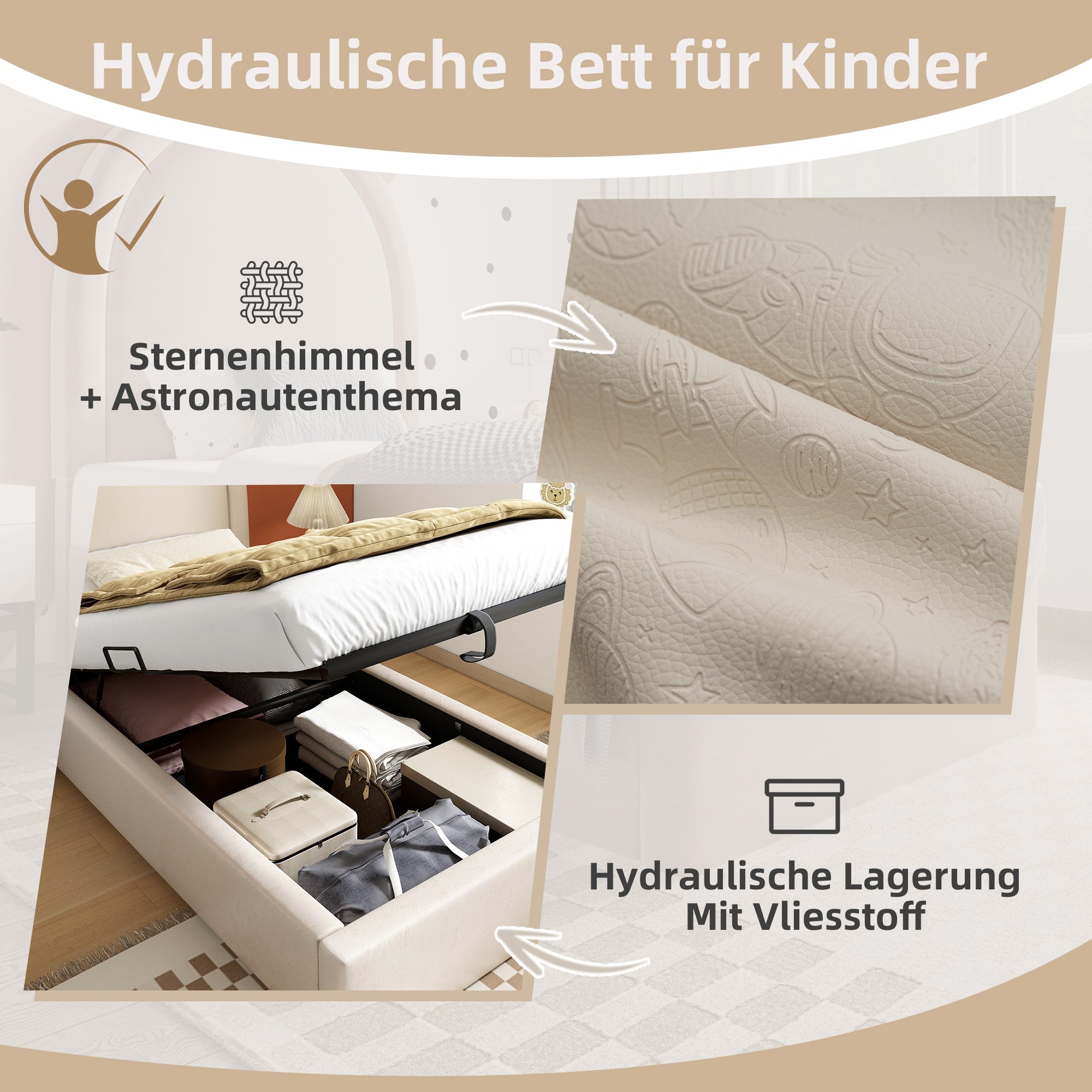 Upholstered children's bed, single bed with cosmic pattern, 90 x 190 cm, beige PU