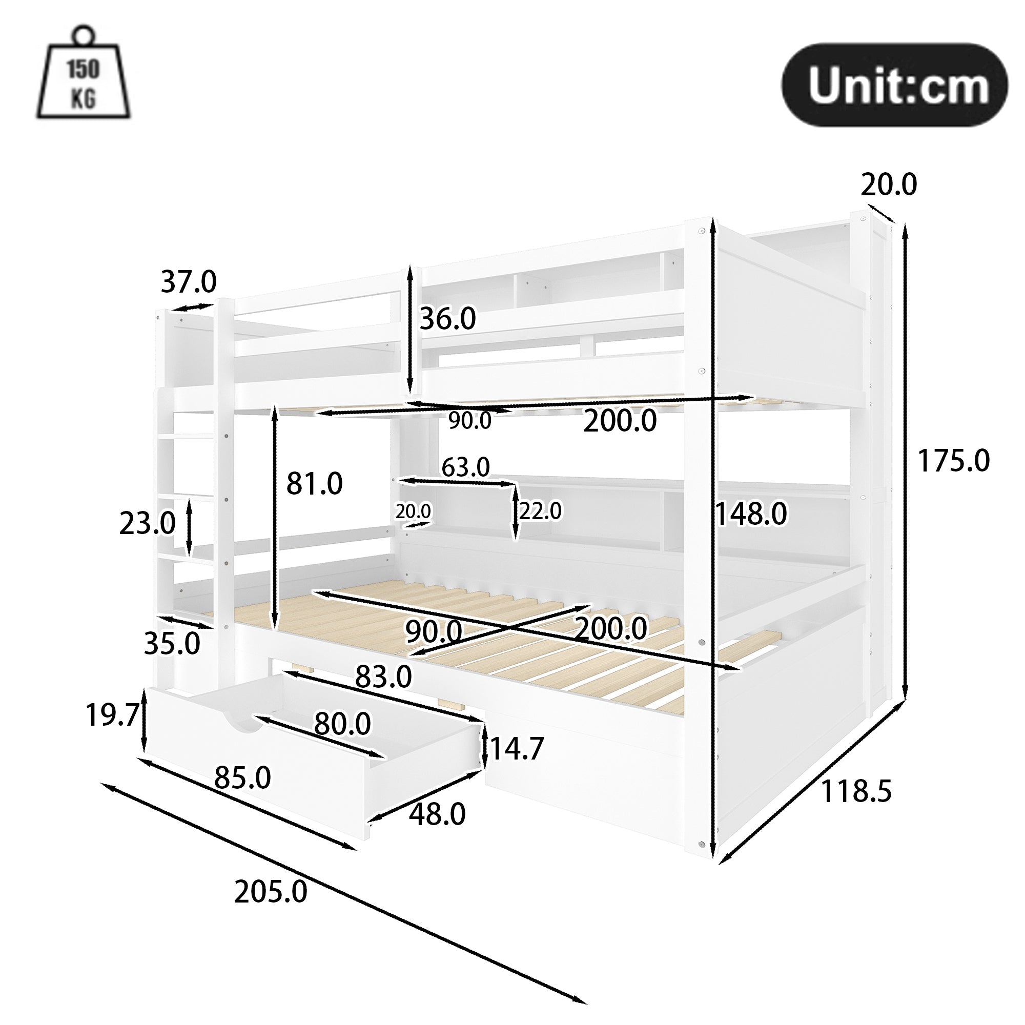 WX000708AAK Bunk Bed with Drawers and Storage Compartments, 90x200cm, White