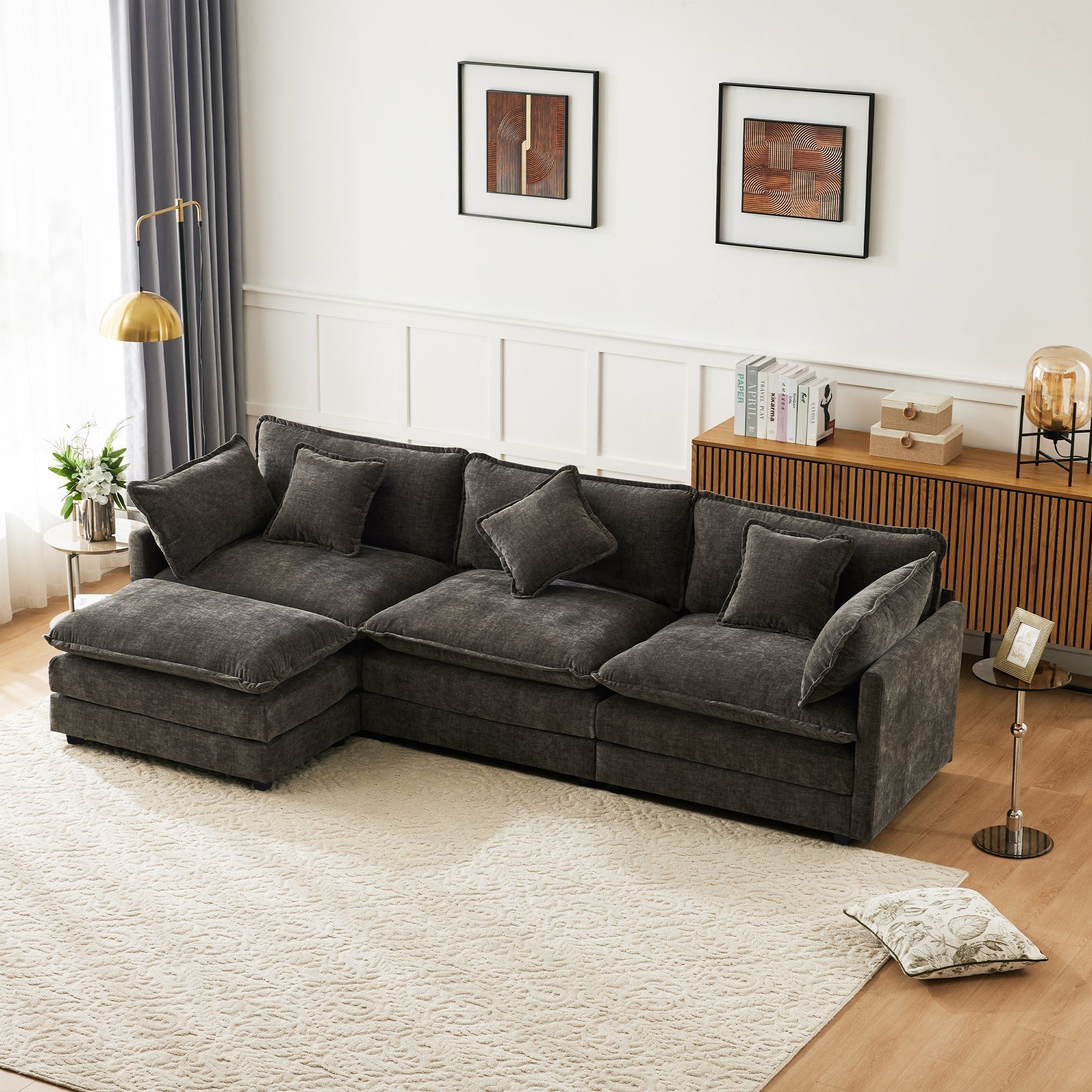 L-Shaped Corner Sofa with Footrest, 3-Seater Upholstered, Chenille Fabric