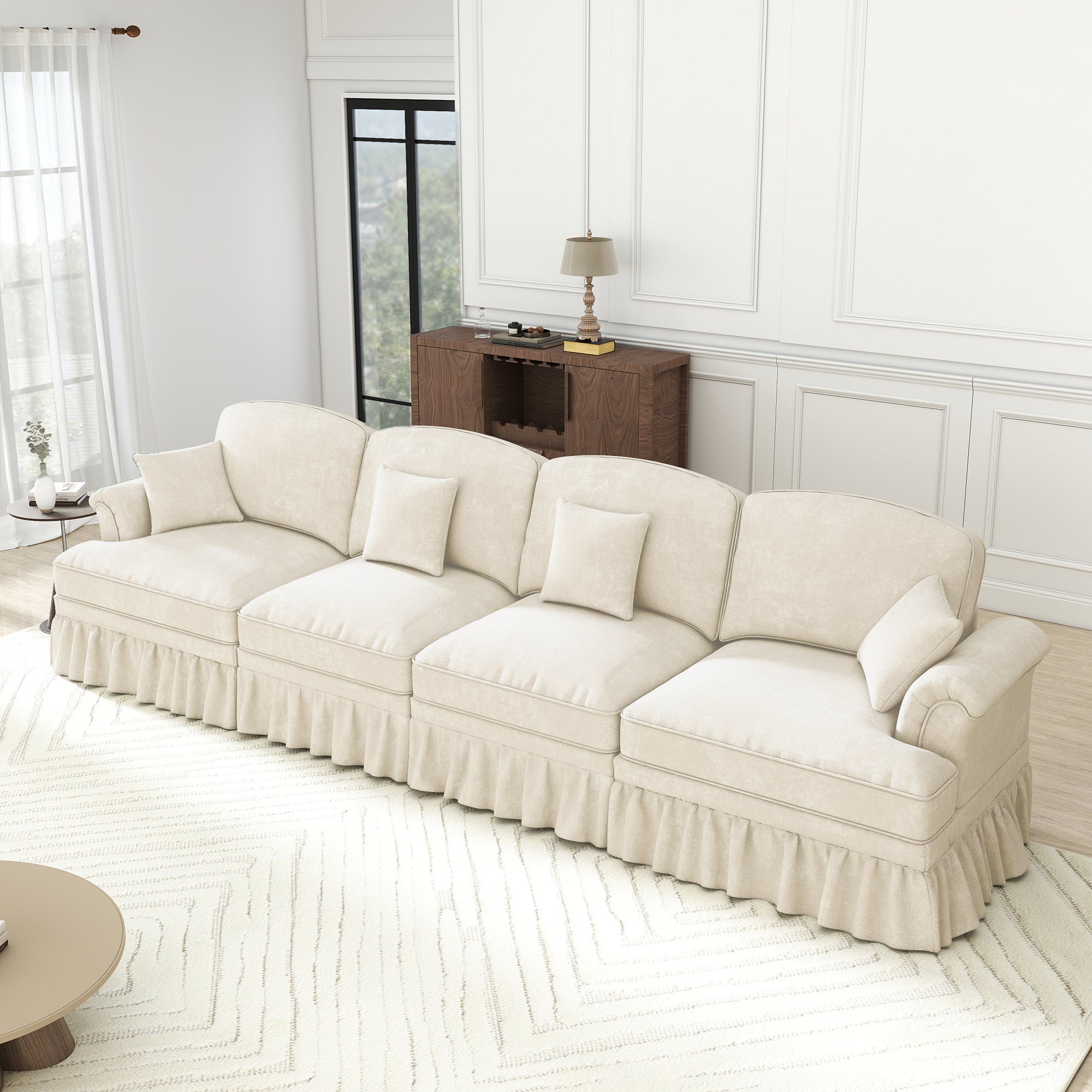 Elegant 4-Seater Sofa Mid-Century Ruffled Apron Spindle Legs - White Chenille